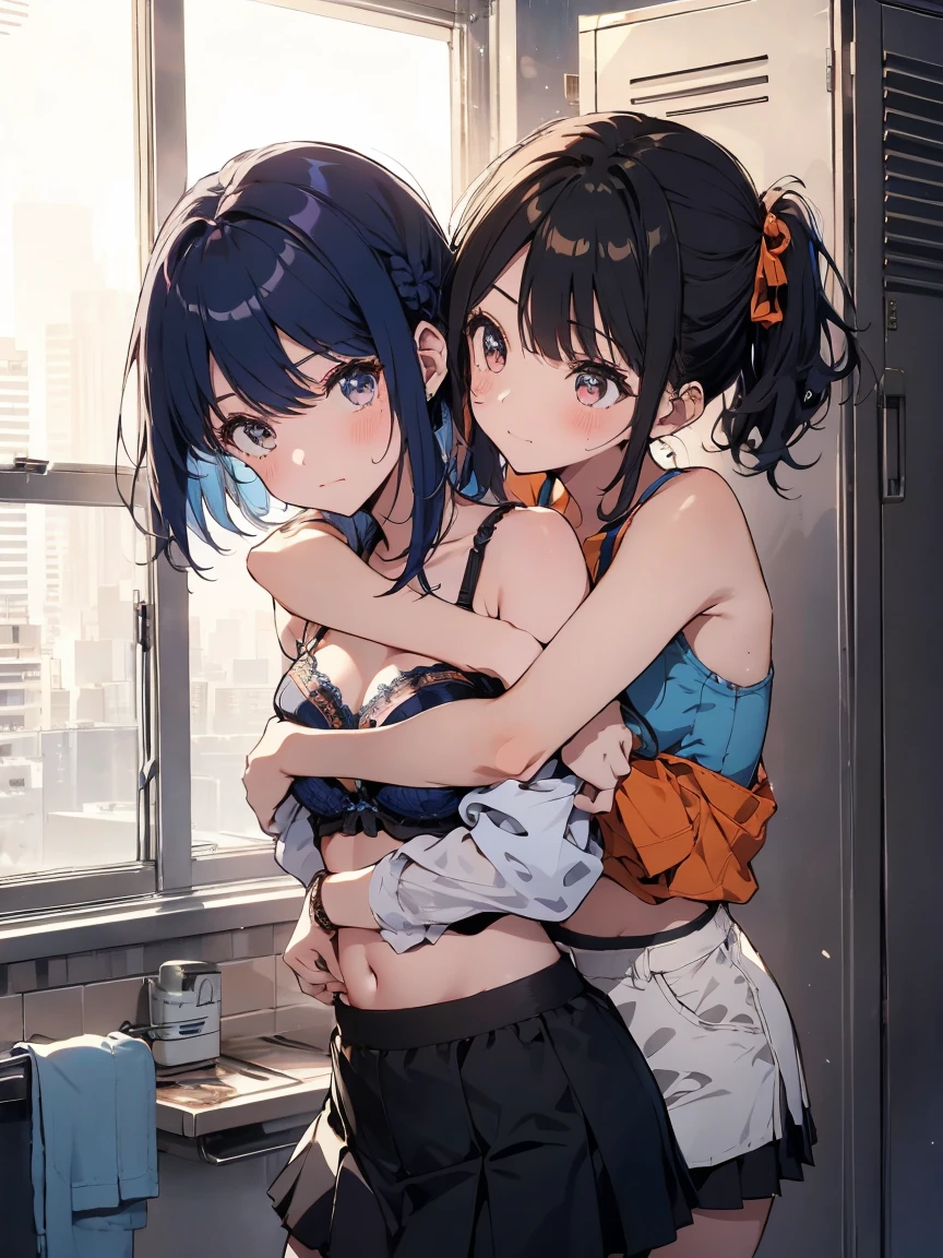 (highest qualityのイラスト:1.2), (cute girl:1.1), (1 girl, alone:1), (2 girls、8-year-old、、、small、cute、cute、small胸、Very detailedな目:1.2)、(Yuri、kiss、Hug from behind、grab、eyes half closed、eye contact:1.Sweat、I was embraced、blush:1.1)、 break White Bra、ピンクのgood、Blue Bra、Green bra、Grey Bra、light Grey Bra、 Striped bra、水玉模様がgood、goodチェック柄、cute、good、kids good、sporty、camisole、Cotton panties、School Skirt、Blake Black Hair、Blue Hair、Brown Hair、extra belly short hair、short hair、Middle Hair、Hair length、Wavy Hair、Curly Hair、Pale pink braids、Princess Cut、Bobcut、Twin tails、低いTwin tails、ponytail、ライトブルーのローponytail、break(locker room:1.2)、(evening、evening、Orange sunlight:1.2)、 break(highest quality、Very detailed、Very detailed and beautiful、超A high resolution、Arm details:1.2)、Browsing Caution Beautiful Pool