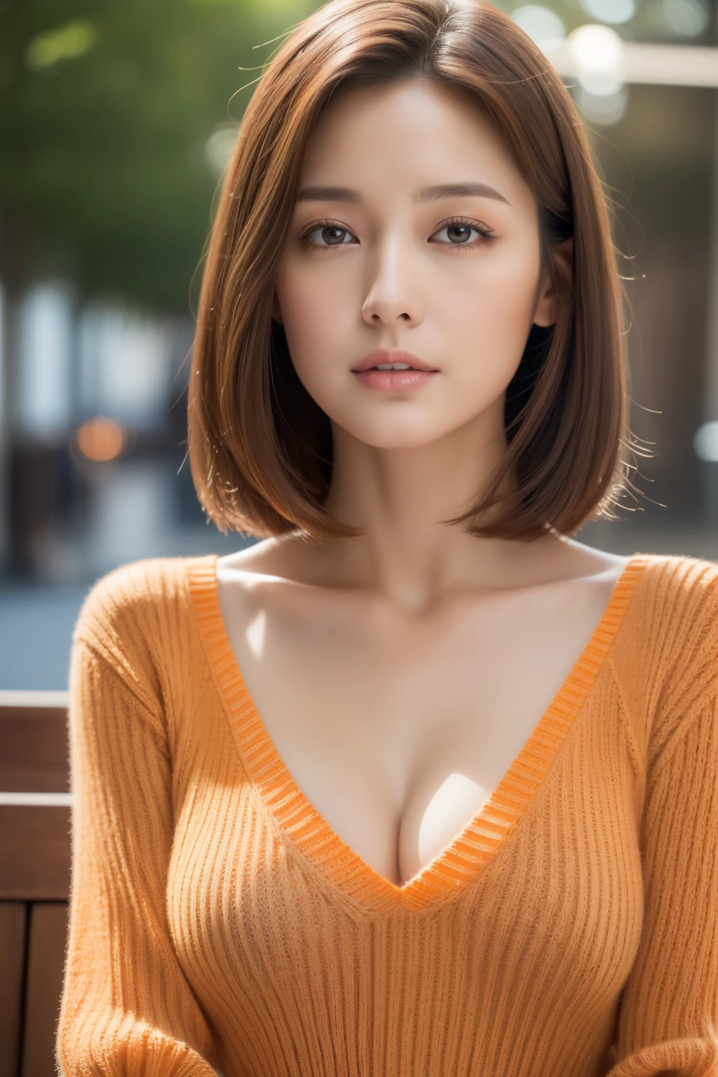 highest quality, masterpiece, High resolution, Photorealistic, RAW Photos, 8k wallpaper, perfection, Professional Lighting, Very detailed, ((One beautiful woman)), 38 years old, Sexy Woman, ((Light orange thin V-neck knit dress)), Cleavage, Upper Body, Detailed face, Beautiful Eyes, Depth of written boundary, On the terrace of a stylish cafe, ((Facing forward)), Sitting in an upright position, well-shaped small breasts, Sexy Woman, Detailed face, Beautiful Eyes, ((Light brown straight hair)), Short length straight hair, Faint lips, ((Look into the viewer&#39;s eyes)), Serious expression