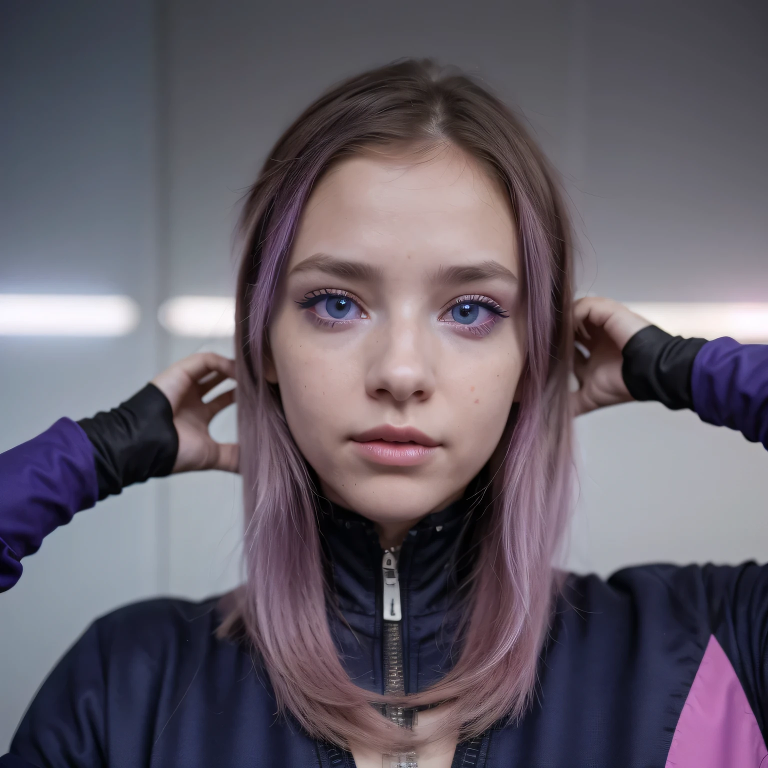 Photo of a Photo of a schoolgirl, Purple Pink, futuristic spacesuit, (freckle:0.8) Cute face, Science Fiction, Dystopia, Delicate eyes, Heterochromia of the Eyes((Cobalt blue background)), Purple Pink, futuristic spacesuit, (freckle:0.8) Cute face, Science Fiction, Dystopia, Delicate eyes, Heterochromia of the Eyes((Cobalt blue background))