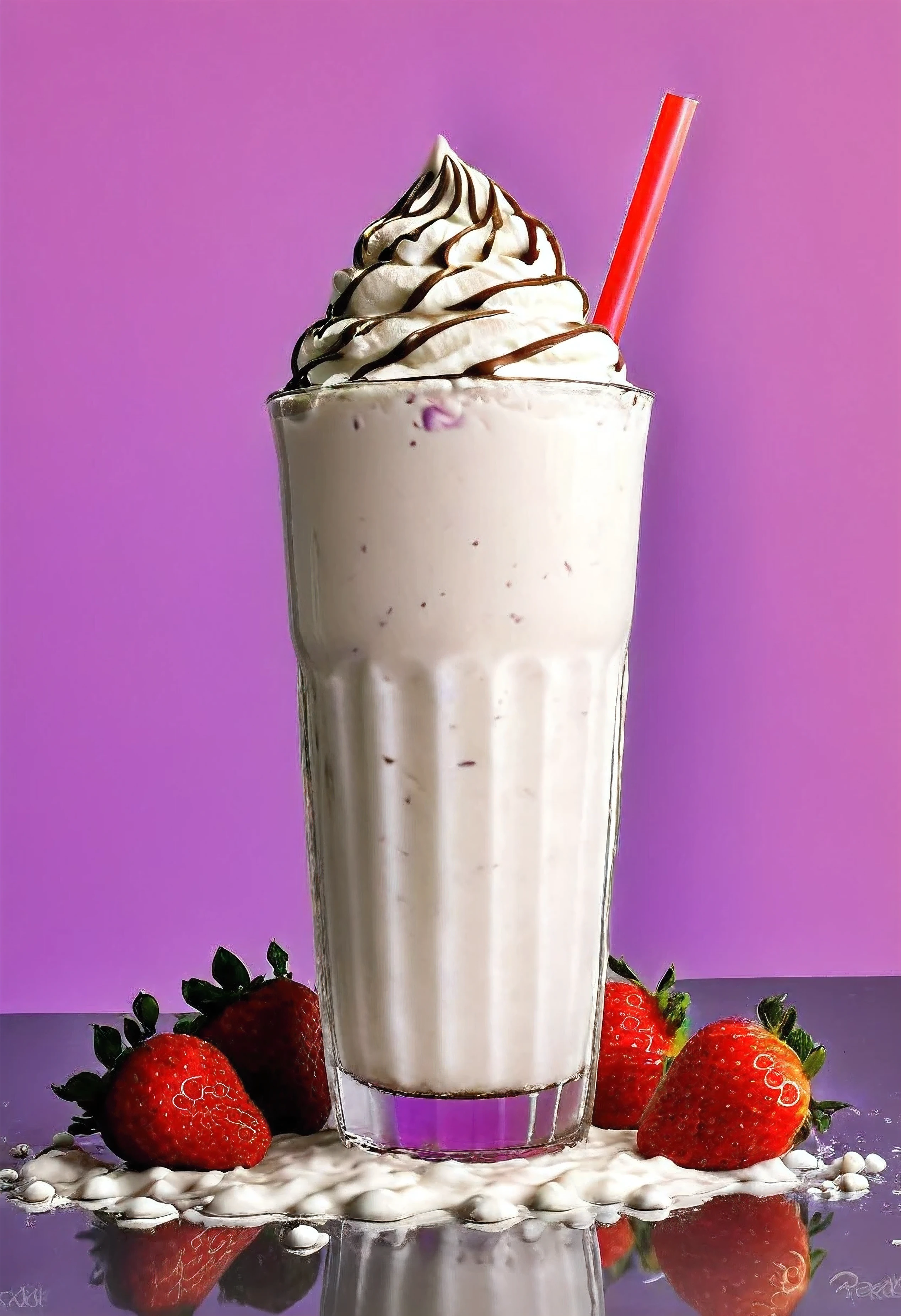 real-life hyper-realistic art 1 6K milkshake on a 2-color background with a big and taste explosion of milk and strawberry behind