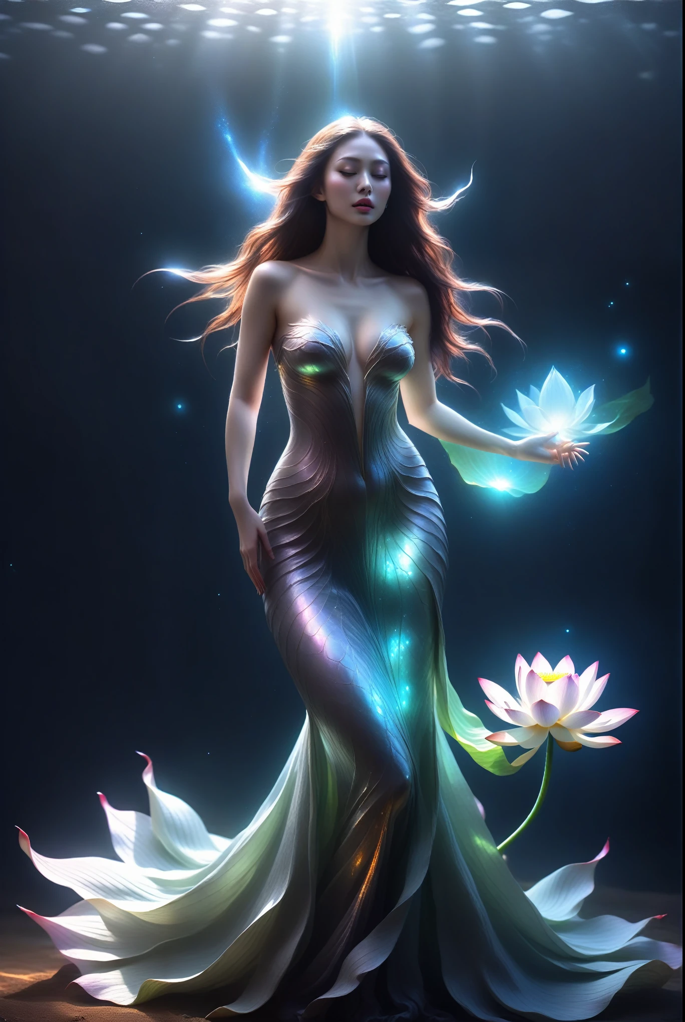 woman, long hair, sunlight, gigantic breasts, iridescent dress, glowing stars, A digital illustration, glowing lotus, defraction spikes, chromatic aberration, bloom AND (glowing, holofoil:0.6), a beautiful fantasy empress, guweiz, ruan jia and artgerm, beautiful fantasy maiden, japanese goddess, It was empty inside and she didn't even wear a bra, When she moved her body, her two fat and white breasts swayed left and right, Under the friction with her clothes, her two lotus seed-sized nipples actually stood up, making her clothes bulge out by two pointed,