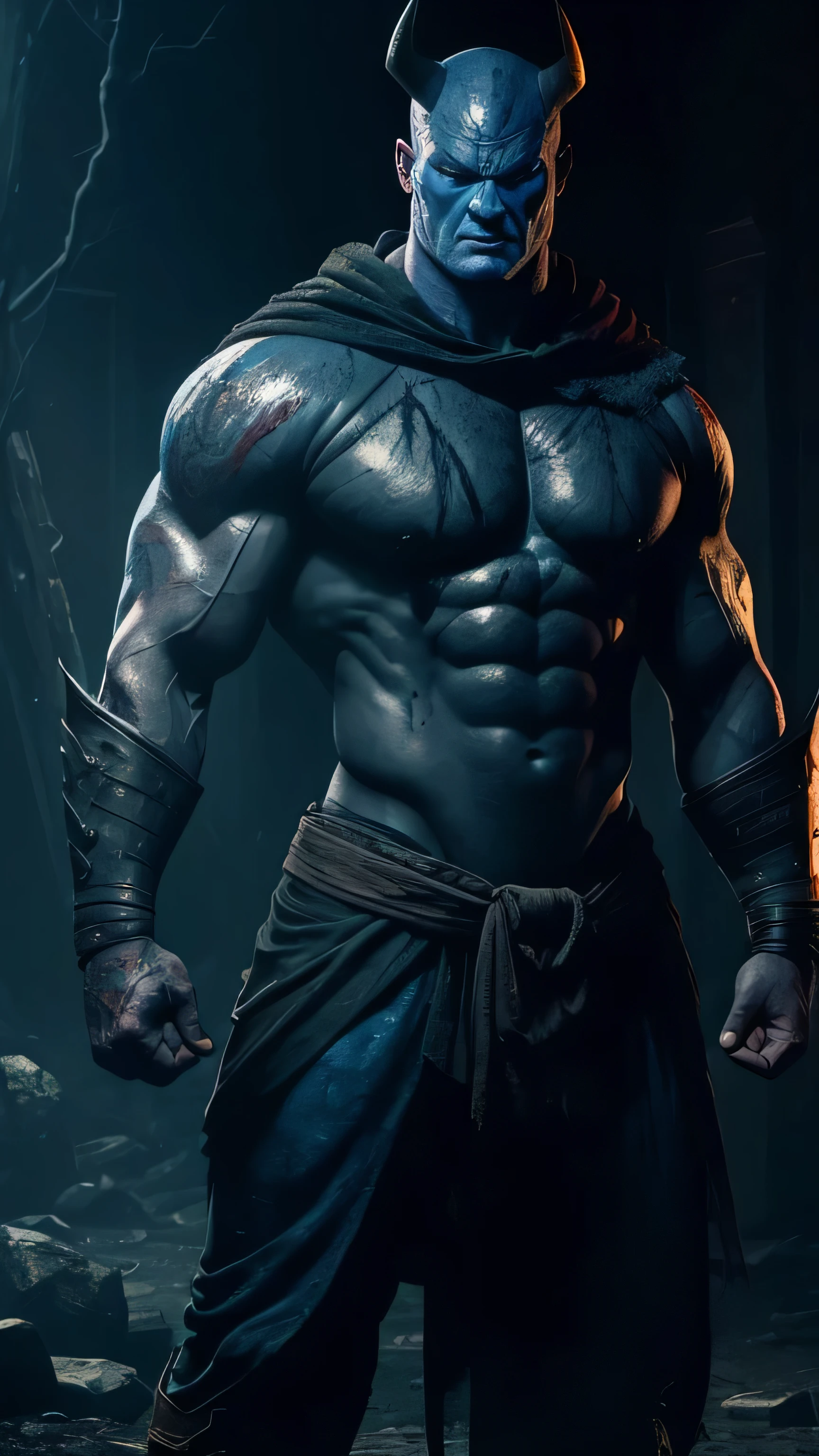 ((Derek Mears)) as Moloch from Mortal Kombat, hulking and muscular frame, (dark blue skin), small sharp horns, jagged pointed teeth, fiery glowing eyes, tattered primitive clothing, (holds rocky ball), 1man, solo, full body view, front view, looking at viewer, intricate, high detail, sharp focus, dramatic, photorealistic painting art by greg rutkowski