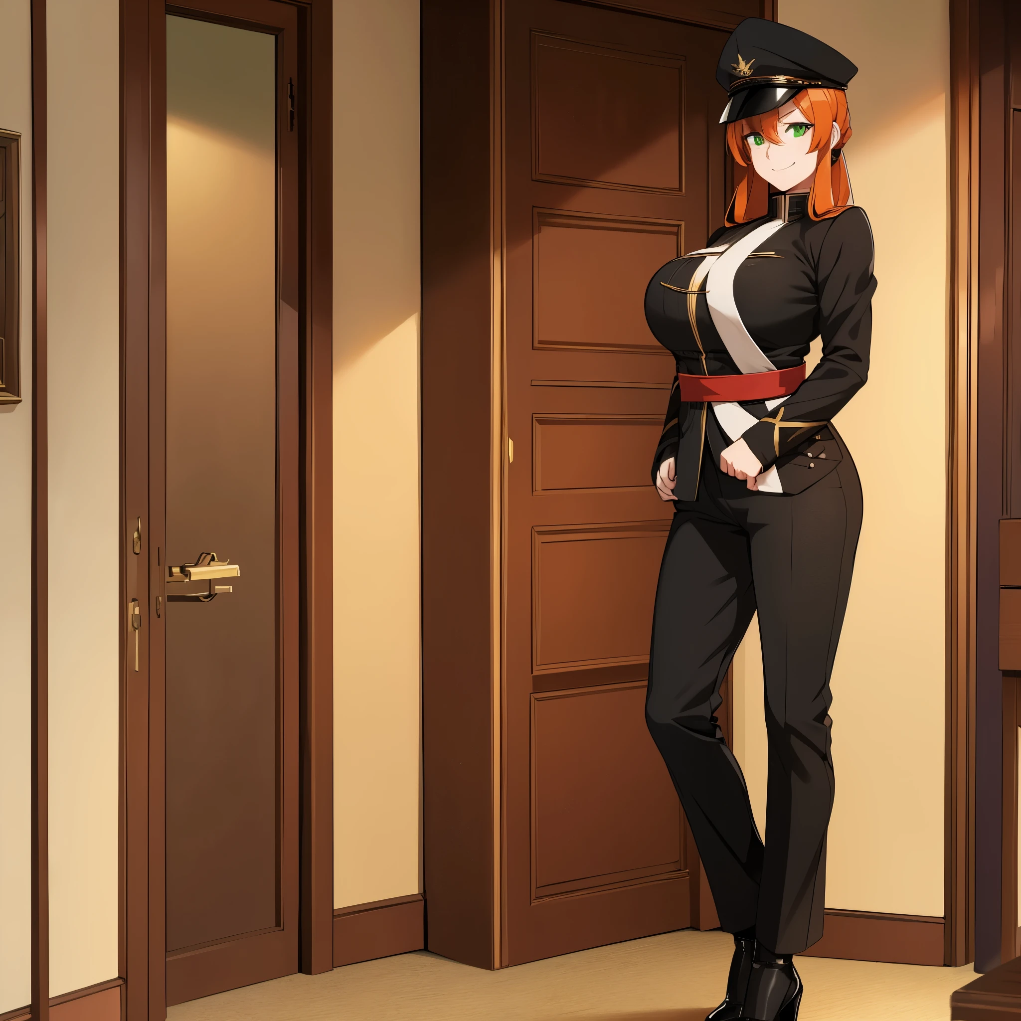 a woman wearing a black military suit, black pants, black heels, orange red hair, green eyes, smiling, big breasts, white military hat with gold details, standing in a military officer's room, full body.HDR, ultra resolution, clear, masterpiece, 8K HD (woman solo)
