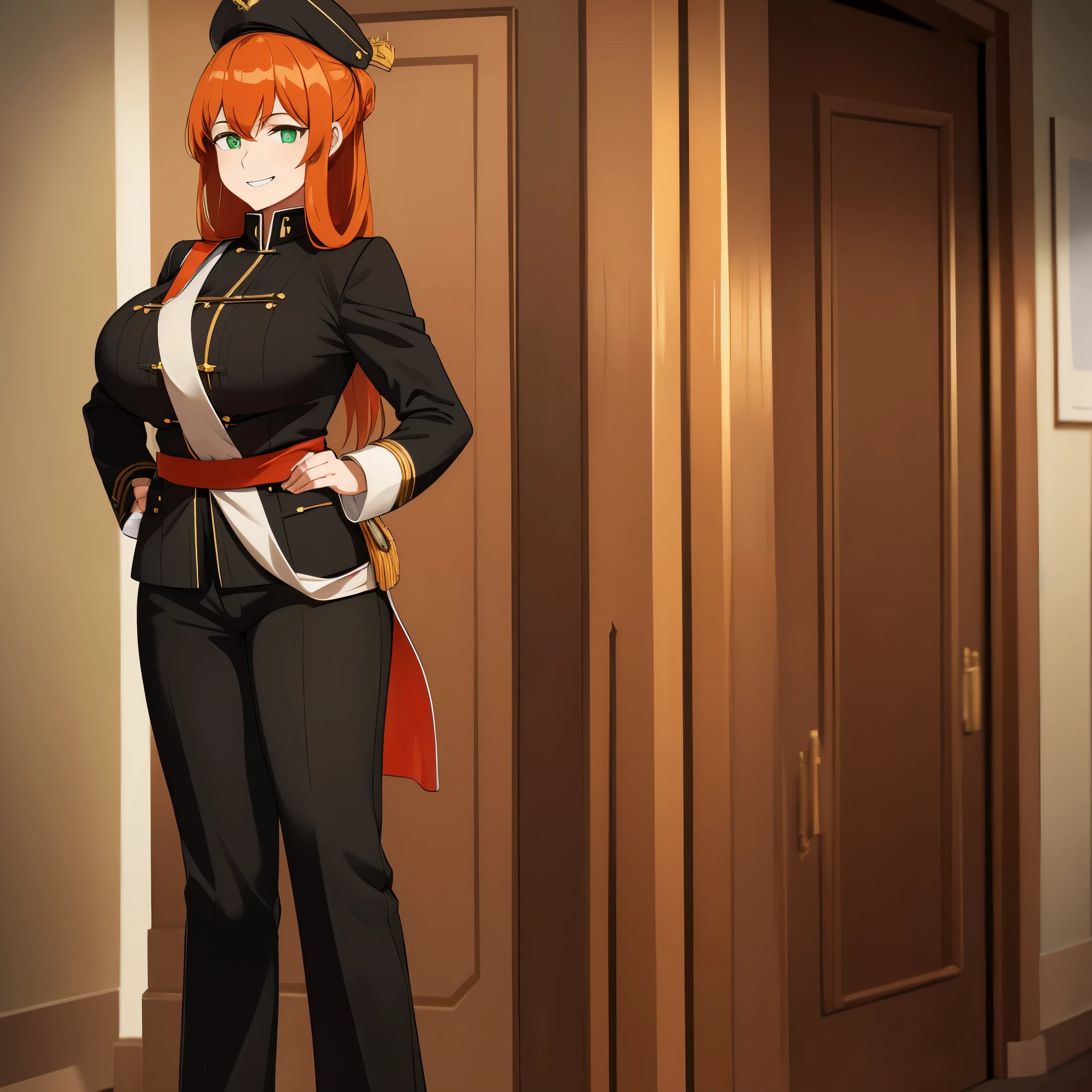 a woman wearing a black military suit, black pants, black heels, orange red hair, green eyes, smiling, big breasts, white military hat with gold details, standing in a military officer's room, full body.HDR, ultra resolution, clear, masterpiece, 8K HD (woman solo)
