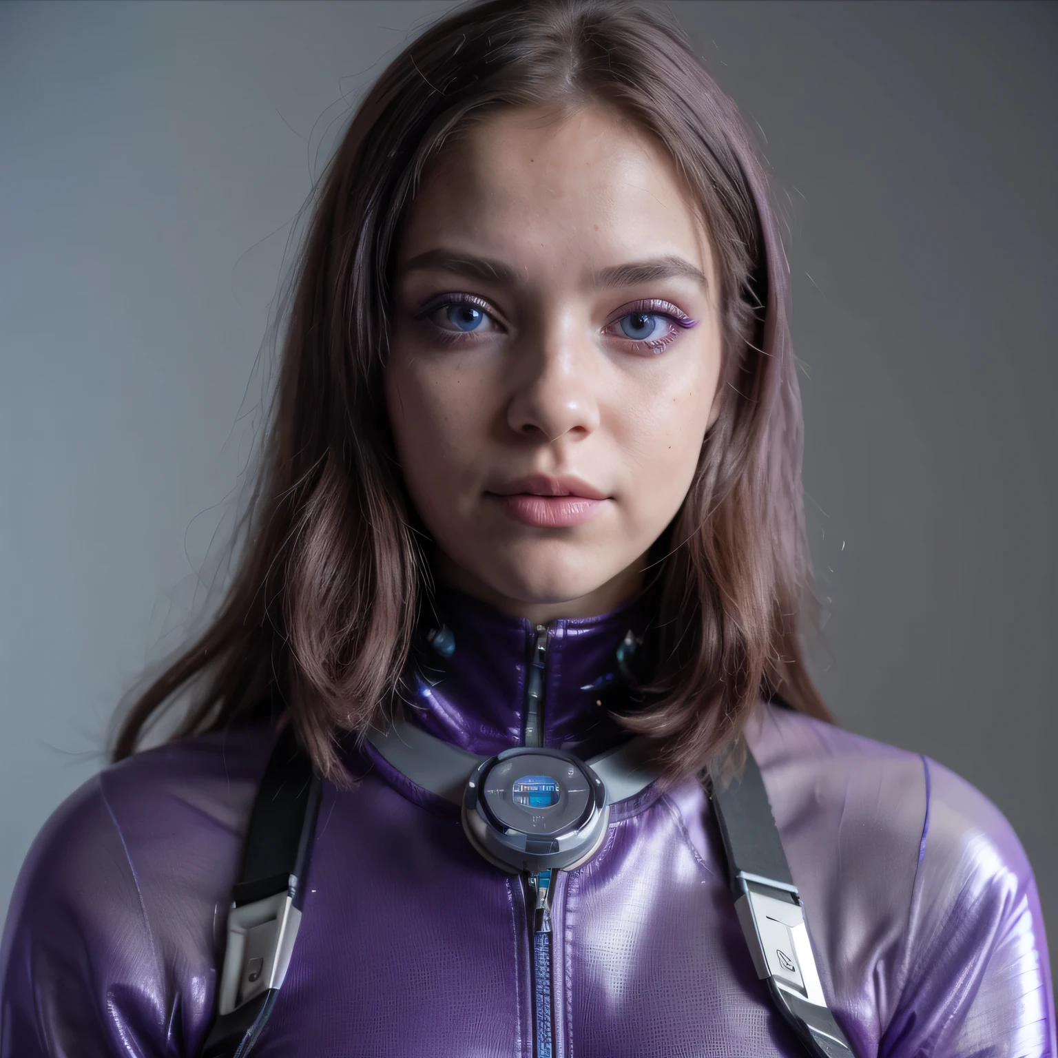 Photo of a Photo of a girl, Purple Pink, futuristic spacesuit, (freckle:0.8) Cute face, Science Fiction, Dystopia, Delicate eyes, Heterochromia of the Eyes（（Cobalt blue background））, Purple Pink, futuristic spacesuit, (freckle:0.8) Cute face, Science Fiction, Dystopia, Delicate eyes, Heterochromia of the Eyes（（Cobalt blue background））