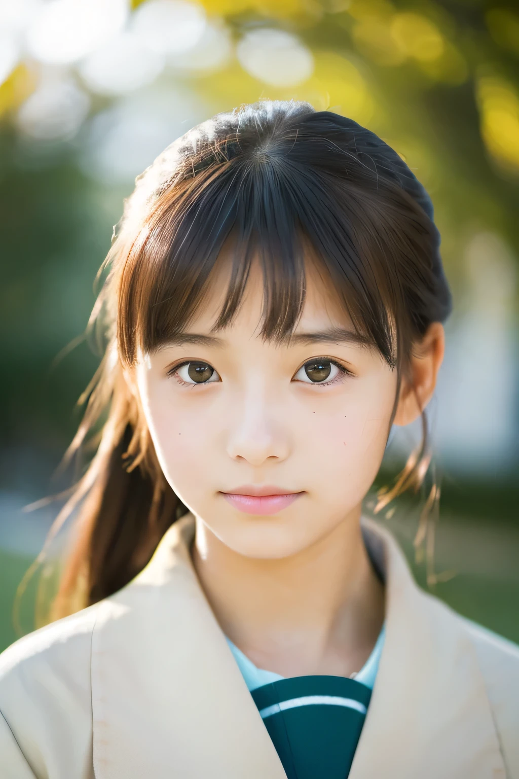 Lens: 135mm f1.8,(highest quality),(8K High Definition Masterpiece:1.1), (Beautiful 14 year old Japanese girl), Cute face, (Let's take another look),
(close:1.4), Short Ponytail,
Speckled sunlight, Dramatic lighting, (japanese school uniform), (On campus),