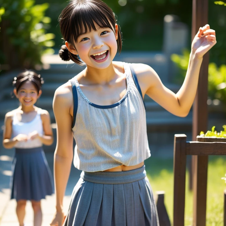 Japanese,,Summer clothes,Tank top,skirt,Looking up,Open your mouth,cute,Twin bun hairstyle