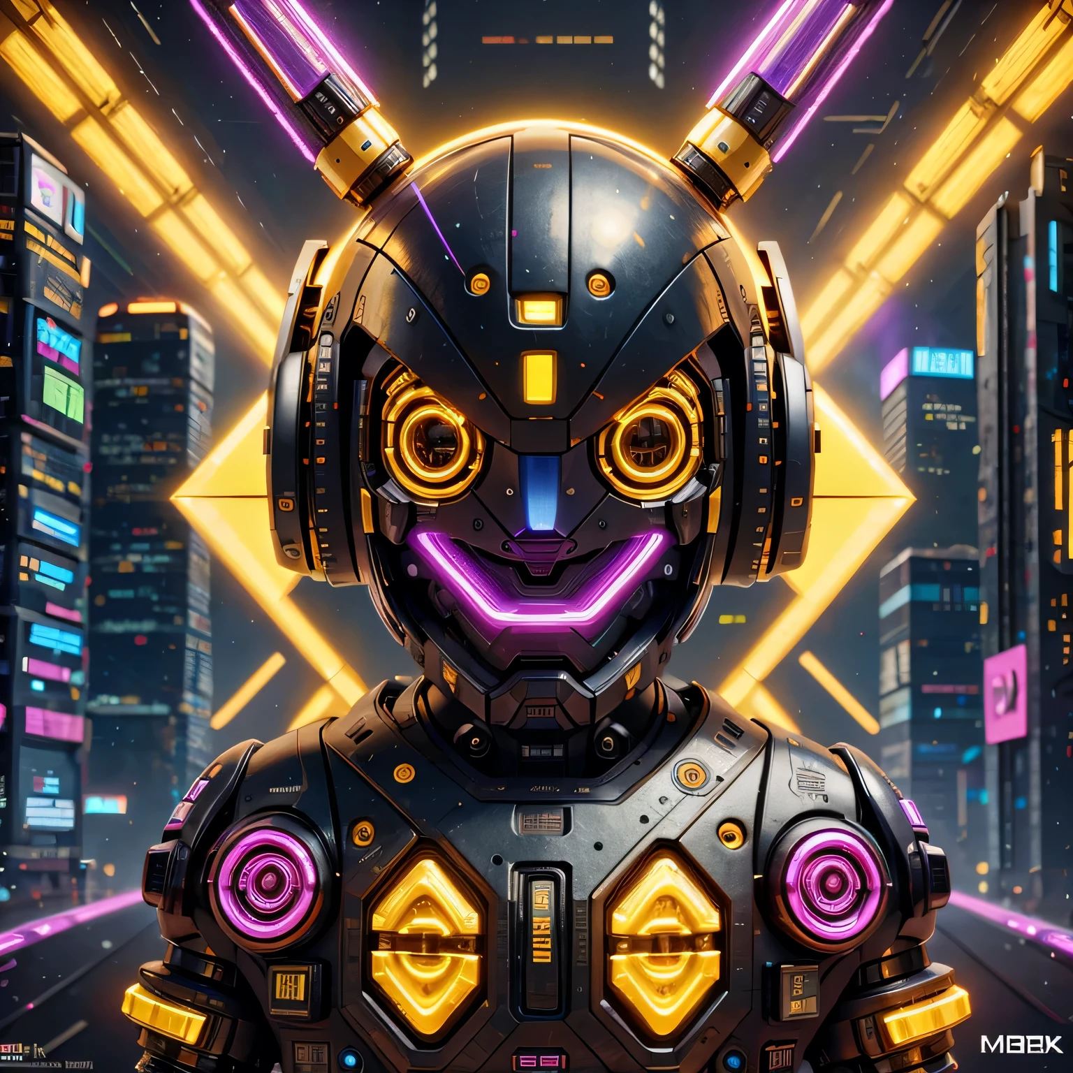 a close up of a robot with a glowing head and a purple background, cyber mech, in style of beeple, cyberpunk pikachu, style hybrid mix of beeple, 3 d render beeple, cute elaborate epic robot, beeple masterpiece, cyberpunk art style, yellow mech, beeple!!, cyber steampunk 8 k 3 d