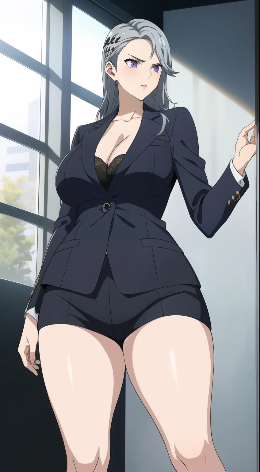 masterpiece, 1 girl, alone, Shortcuts, , Niijima Sae (Person 5)、Big Breasts, Mature Woman, Glare,Sharp Eyes, Silver Hair、Lilac eyes, Black office suit, Pose standing thigh sex,Thick thighs, View from below