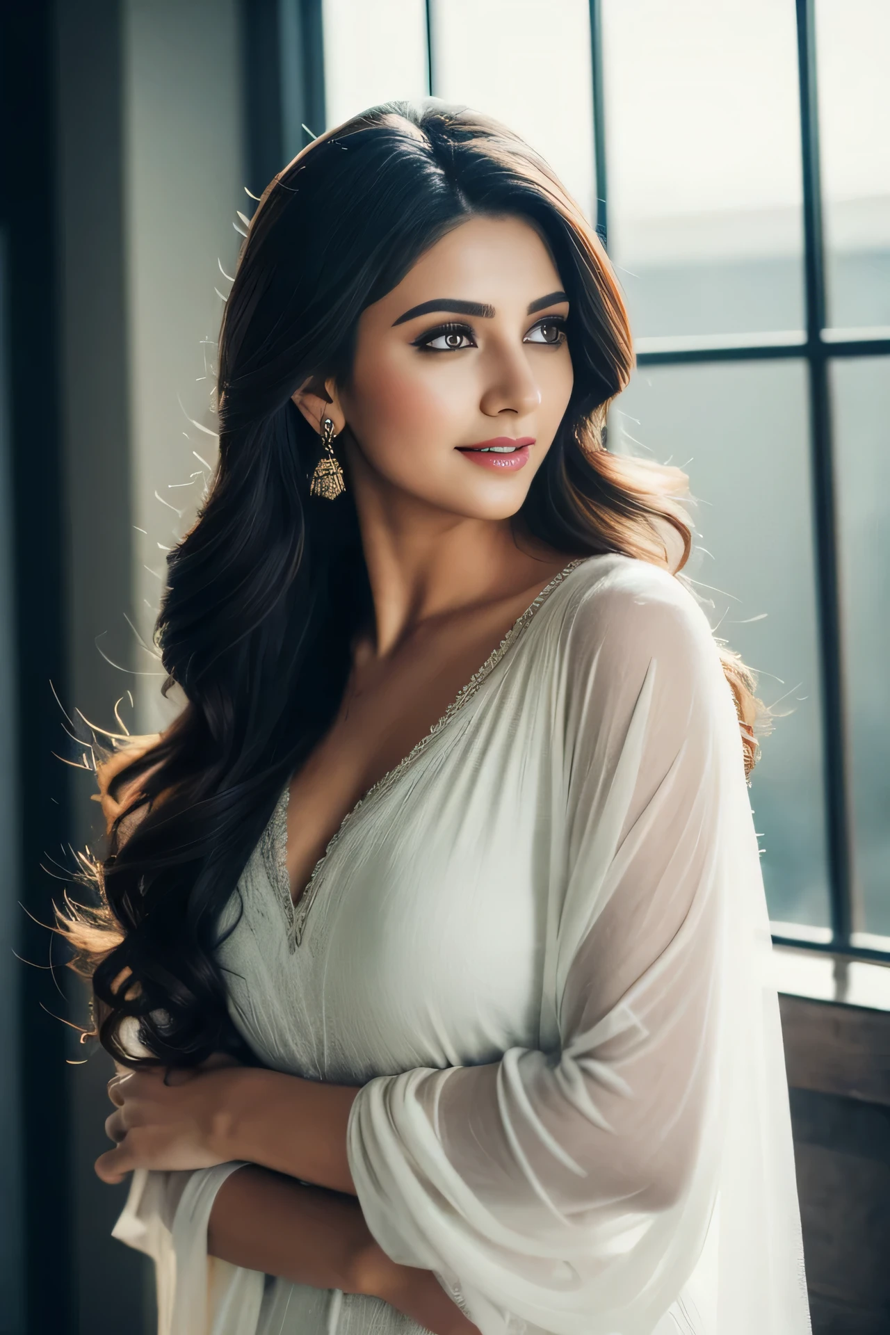 a Full body portrait of A confident-looking europian woman with flowing long and thick hair, full height, hazel eyes, team India cricket tshirt, a smile on the face, royal and lusty look, standing in cricket stadium, c-cup breast, perfect composition, hyperrealistic, super detailed, 8k, high quality, trending art, trending on artstation, sharp focus, photo, intricate details, highly detailed, art by Greg Rutkowski, wide angle shot, detailed face and features, divine proportion, front profile, lower and wide neckline clothes. very attractive.