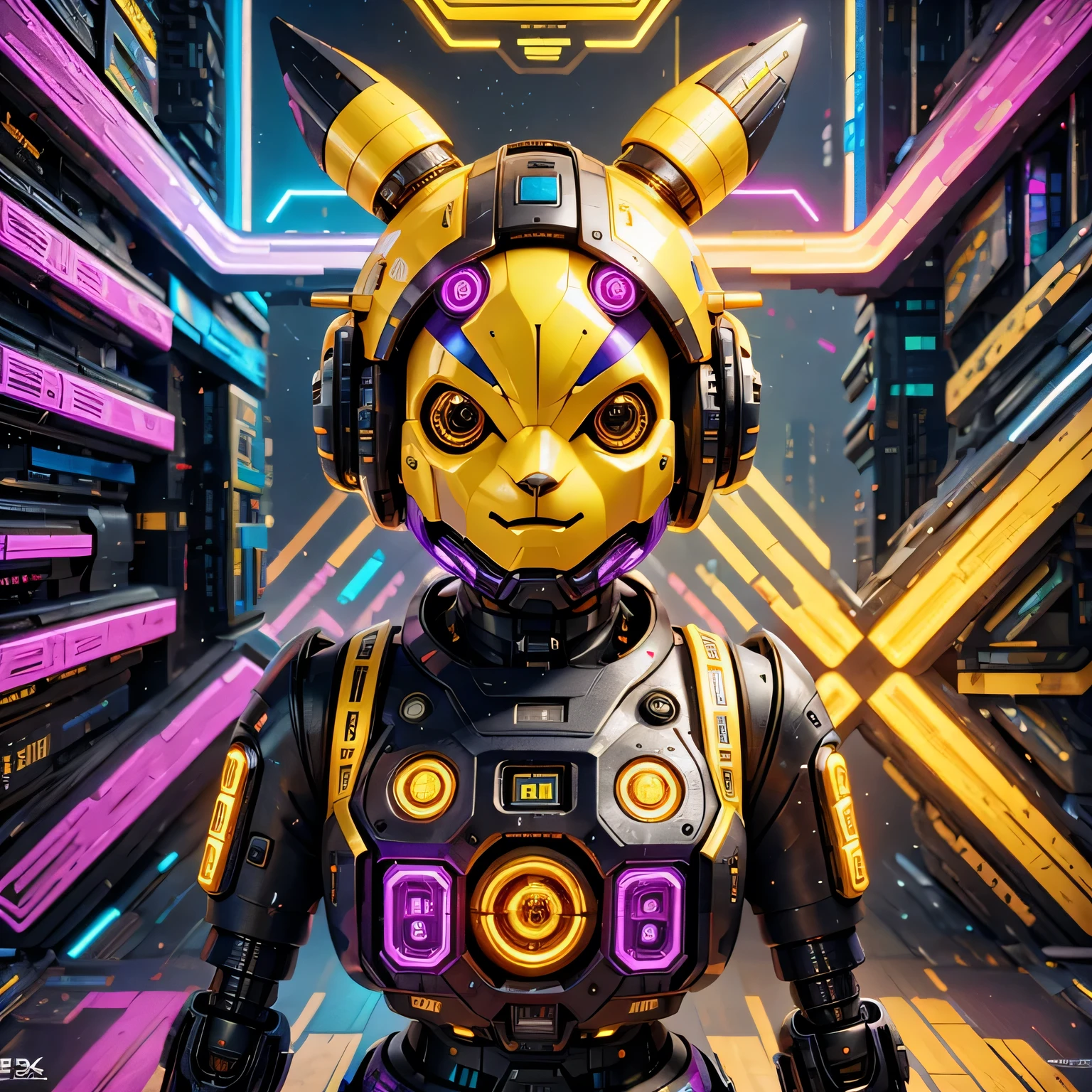 a close up of a robot with a glowing head and a purple background, cyber mech, in style of beeple, cyberpunk pikachu, style hybrid mix of beeple, 3 d render beeple, cute elaborate epic robot, beeple masterpiece, cyberpunk art style, yellow mech, beeple!!, cyber steampunk 8 k 3 d