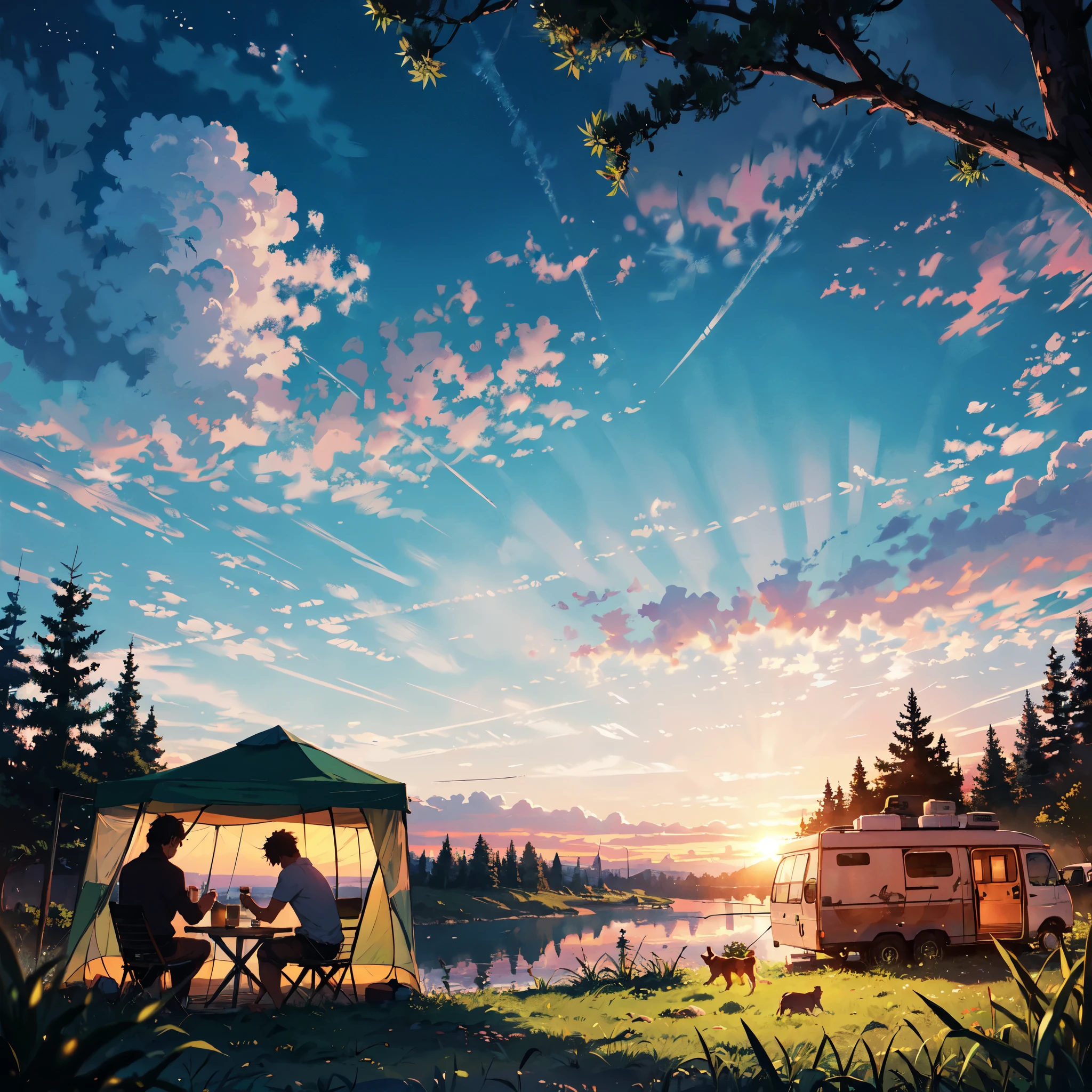 beautiful sunset, lover couples drinking coffee in chair facing the sun, BREAK (masterpiece, best quality:1.2), outdoors, nature, forest, pines, grass, tall grass, detailed grass, plants, day, clouds, caravan, dog, tent, coffee