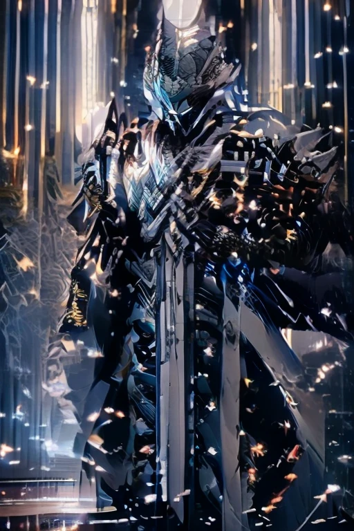 Powerful male king, (raphtalia cosplay), bright gray eyes, long silver hair, beautiful delicate face, a royal suit of thick fabric (white), gray cape, middle earth style clothing (fantastic), shiny silver armor, in a majestic kingdom, in the background a magical silver forest, dark night, ethereal lights in the air, ultra-realistic, 8k.