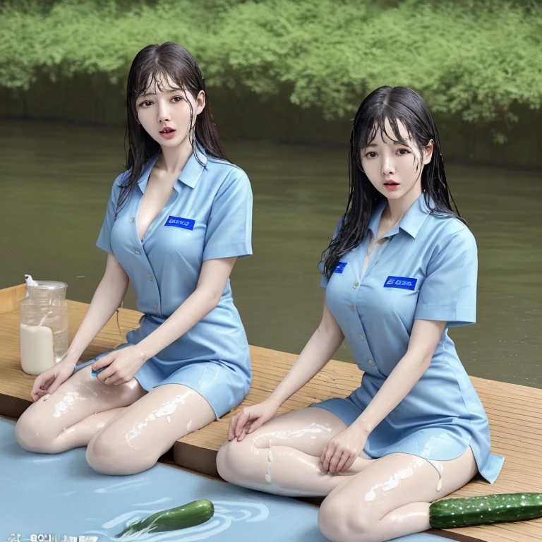Two woman, korean artist natural woman. Wearing blue employee uniform, Holding long cucumber, cucumber have splash thick and doused milk, two woman doused with a many milk. shocked face. Up looking. Dripped body, Soak body, wet body, sit down in the mat, beside river, outdoor situation, full photo body shot