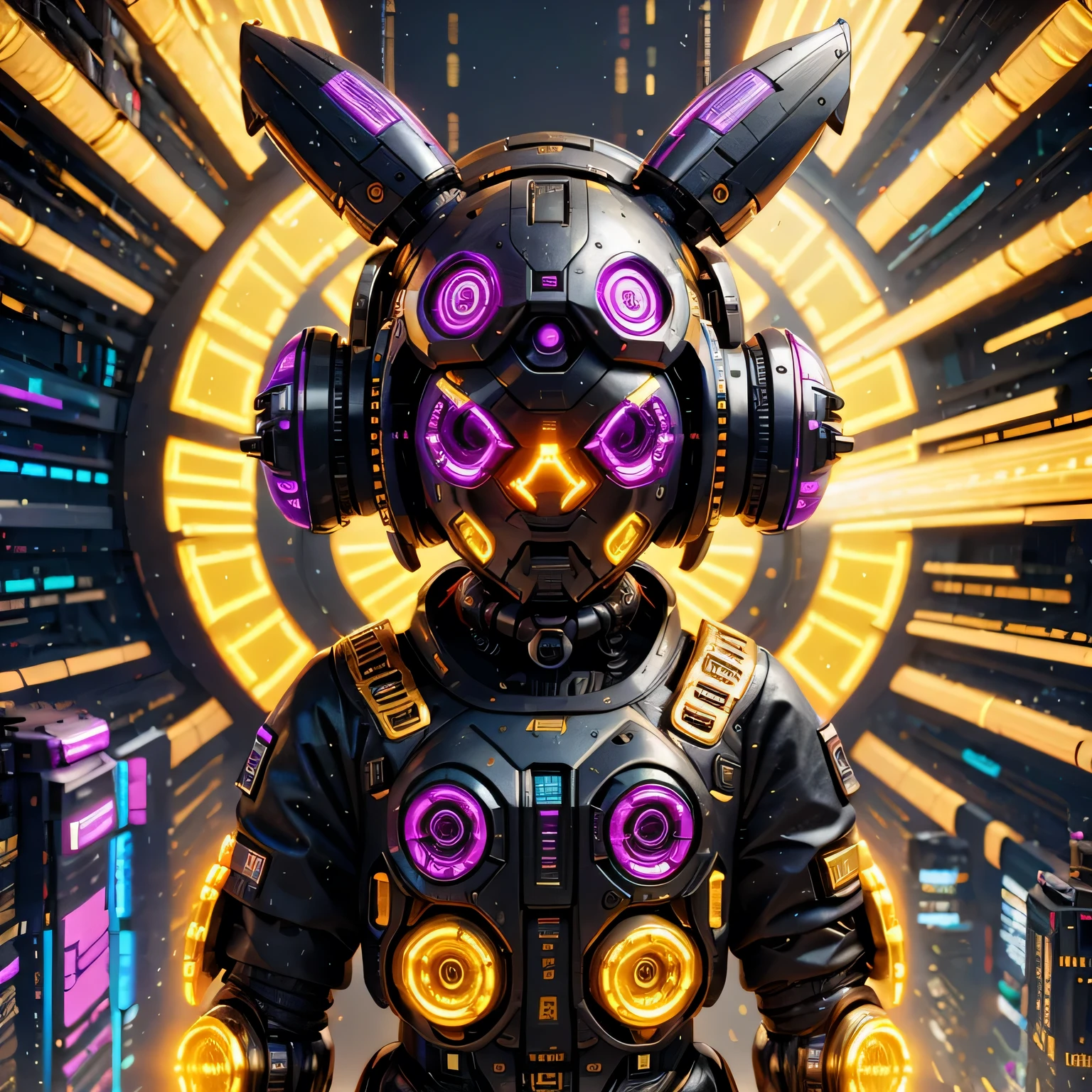 a close up of a robot with a glowing head and a purple background, cyber mech, in style of beeple, cyberpunk pikachu, style hybrid mix of beeple, 3 d render beeple, cute elaborate epic robot, beeple masterpiece, cyberpunk art style, yellow mech, beeple!!, cyber steampunk 8 k 3 d