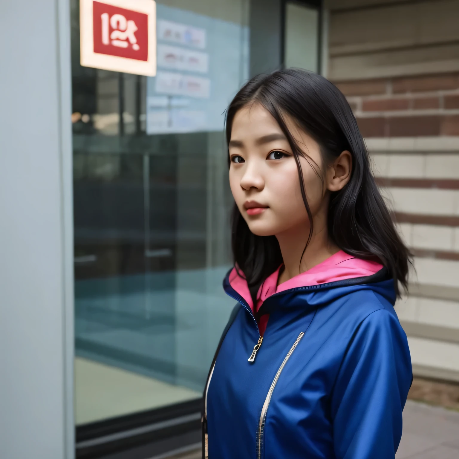 Photo of a college student, Purple Pink, futuristic spacesuit, (freckle:0.8) Cute face, Science Fiction, Dystopia, Delicate eyes, Heterochromia of the Eyes((Cobalt blue background))