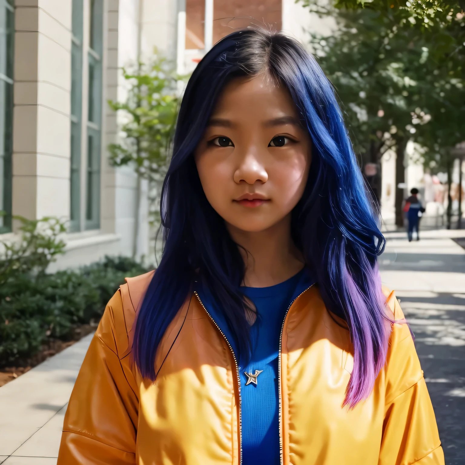 Photo of a college student, Purple Pink, futuristic spacesuit, (freckle:0.8) Cute face, Science Fiction, Dystopia, Delicate eyes, Heterochromia of the Eyes((Cobalt blue background))