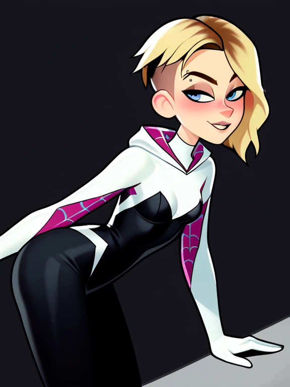 score_9, score_8_up, score_7_up, score_6_up, score_5_up, score_4_up,
BREAK
1girl, gwen stacy, light blue eyes, shaved head, blonde hair, short hair, asymmetrical hair, black eyeliner, seductive smile, smugm, eyebrow piercing, half-closed eyes, blush, adult,
BREAK
solo, standing, leaning forward, arched back, small breasts, bodysuit, spider-gwen, black leggings, skinny,
BREAK
black background,