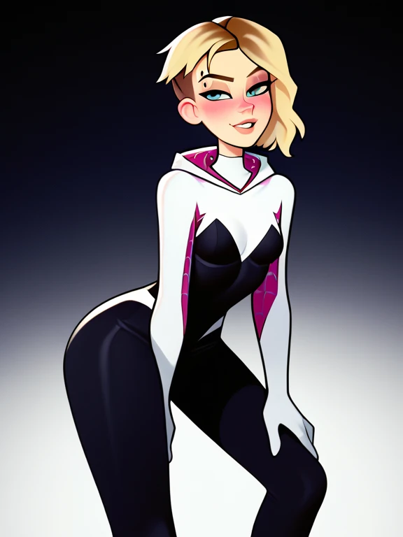 score_9, score_8_up, score_7_up, score_6_up, score_5_up, score_4_up,
BREAK
1girl, gwen stacy, light blue eyes, shaved head, blonde hair, short hair, asymmetrical hair, black eyeliner, seductive smile, smugm, eyebrow piercing, half-closed eyes, blush, adult,
BREAK
solo, standing, leaning forward, arched back, small breasts, bodysuit, spider-gwen, black leggings, skinny,
BREAK
black background,