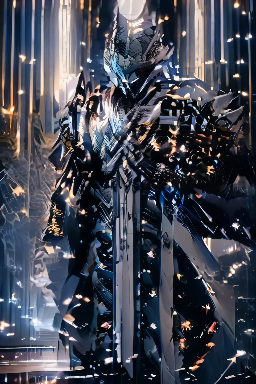 Powerful male king, (raphtalia cosplay), bright gray eyes, long silver hair, beautiful delicate face, a royal suit of thick fabric (white), gray cape, middle earth style clothing (fantastic), shiny silver armor, in a majestic kingdom, in the background a magical silver forest, dark night, ethereal lights in the air, ultra-realistic, 8k.