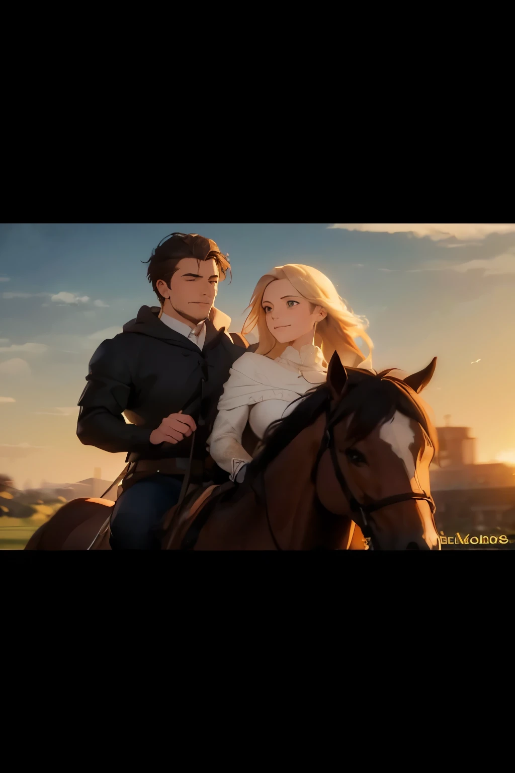 A man and a beautiful woman riding on horseback in a dynamic pose. They are depicted in (the) best quality, 4K, 8K, high resolution, and a masterpiece:1.2. The image should be ultra-detailed and (realistic, photorealistic, photo-realistic:1.37). There are a total of 2 people in the scene. The woman is a beautiful blonde maiden with brown eyes and long gradient hair. The man is a brunette knight with dark brown hair and eyes, and he has a strong and muscular build. The couple is shown as a loving pair enjoying a horse ride. The horse is brown.
In terms of artistic style, the image should have an impressionist art style, with a romantic theme depicting a scene from the medieval era. The composition should be a medium shot with a low-angle perspective. The characters' faces are almost in profile view, and they are both smiling.
The image should feature original characters and convey the essence of fantasy conceptual art, with volumetric lighting and the finest shadows. There should be a shallow depth of field, focusing on the couple. The couple should be depicted as apaixonados, expressing their love for each other.
The overall artwork should exhibit high quality, with an orange and red color palette. The open sky with wind should contribute to a sense of naturalism. The brushstrokes should be precise and well-crafted, showcasing perfect human anatomy.