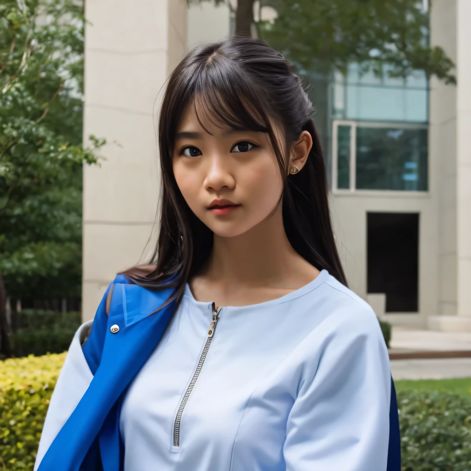 Photo of a college student, Purple Pink, futuristic spacesuit, (freckle:0.8) Cute face, Science Fiction, Dystopia, Delicate eyes, Heterochromia of the Eyes（（Cobalt blue background））