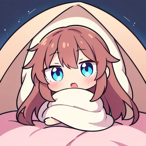 a chibi emoji of an shy anime girl with reddish brown long hair fishtail style, blue eyes,sharp jawline, shy , hiding under the covers , in bed , wrapped up in a blanket 