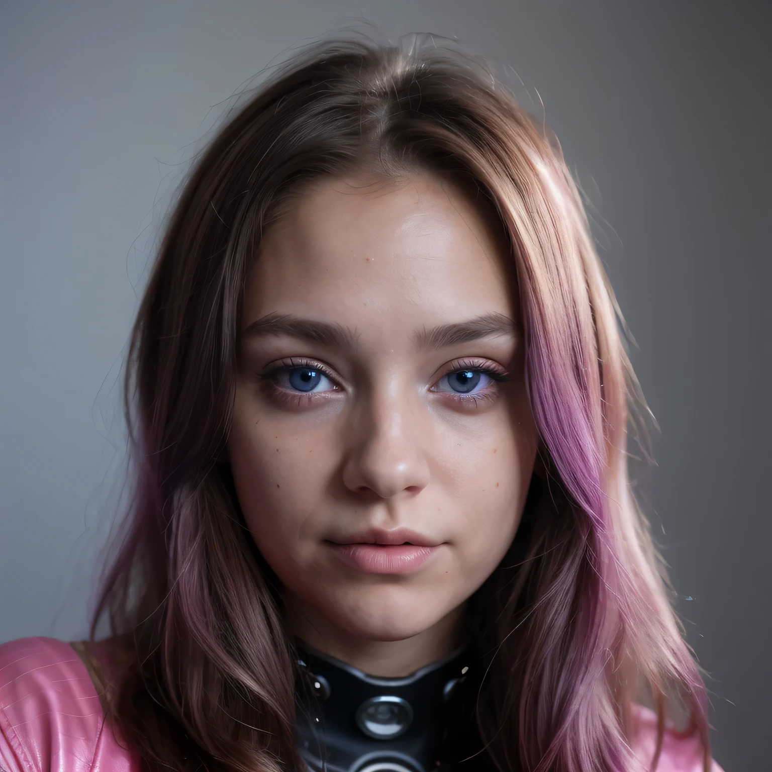 Photo of a college student, Purple Pink, futuristic spacesuit, (freckle:0.8) Cute face, Science Fiction, Dystopia, Delicate eyes, Heterochromia of the Eyes（（Cobalt blue background））