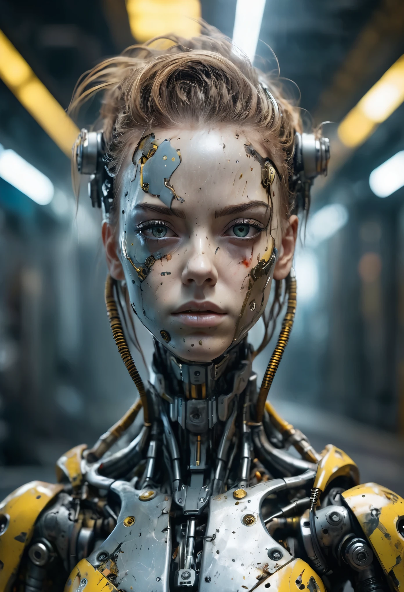 discarded android-cyborg girl, sad empty stare, filthy hair, perfect cracked face, perfect sad eyes, skin peeling off, damaged, broken android body, leaking oil, rusty yellow carapace parts with dirty cracks, mechanical cyborg joints, highly detailed, strong contrast, intricate details, volumetric light, 16k HDRI, lot of details, high quality, dramatic atmosphere, atmospheric perspective, subsurface scattering, transparency, analog style, film photography, sharp focus, soft focus, cinematic sophisticated lighting, heavy shadow, movie still, captured in the style of Sony Alpha A7 III camera