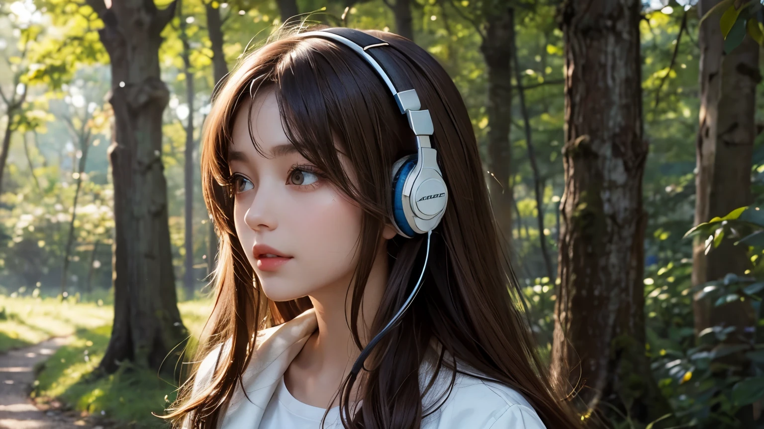 Beautiful girl listening to music on headphones while taking a walk in a natural forest, hair color brown.