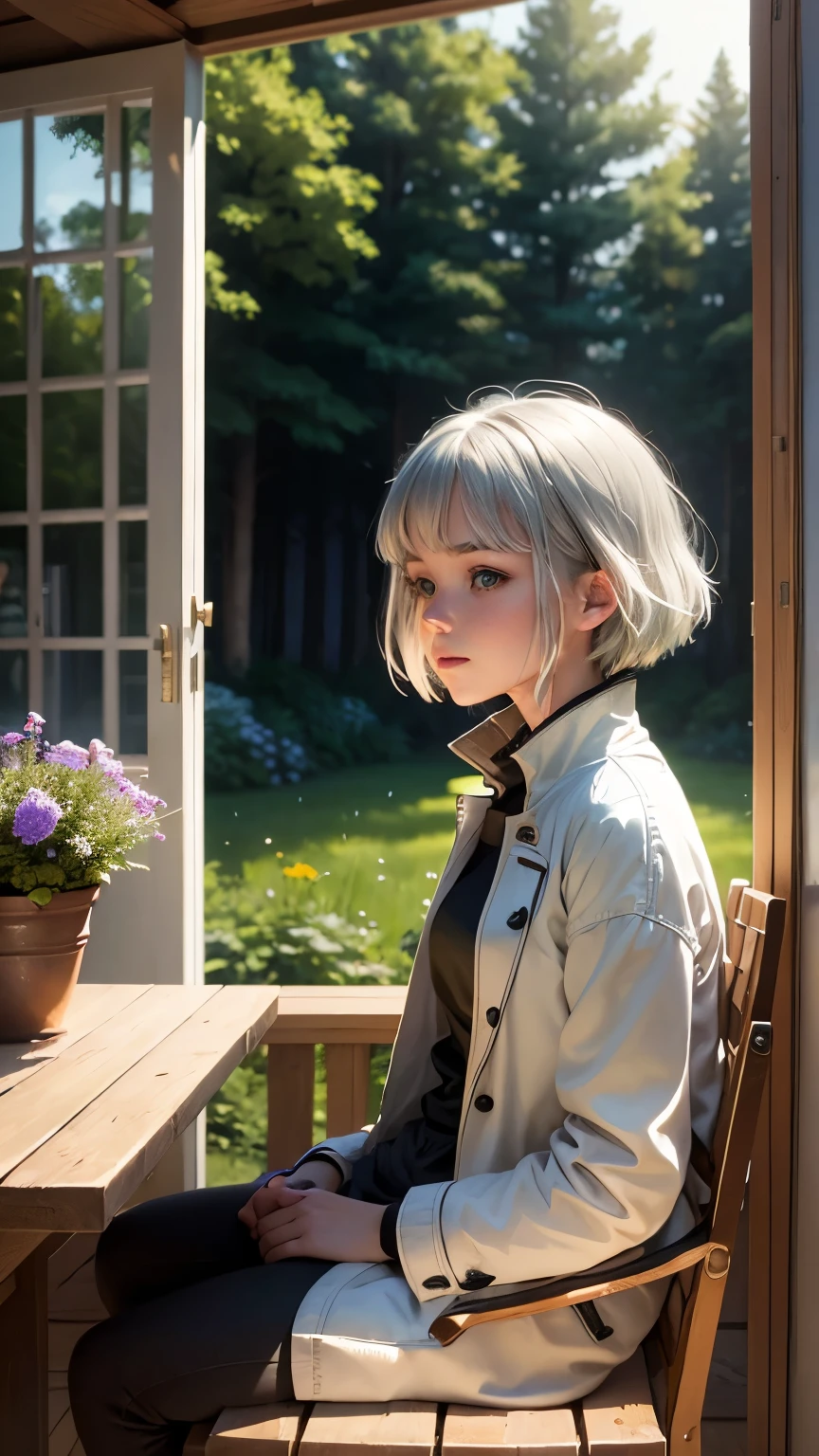 masterpiece, highest quality,Very detailed,Hyper Details, cinematic Light,, One girl, alone, sit, Outdoor, Summer House, sitting in the Summer House, plant, table, chandelier, Candles, Wind, Green Eyes, Pan Green Silver Hair, short hair, Floating Hair, Light, Light frown, profile,View your viewers, dynamic_angle,The happi coat is open