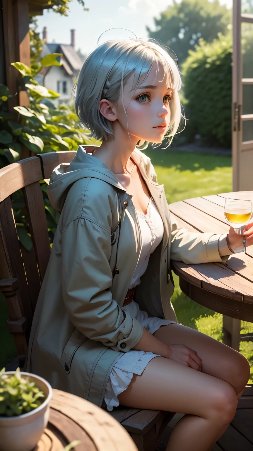 masterpiece, highest quality,Very detailed,Hyper Details, cinematic Light,, One girl, alone, sit, Outdoor, Summer House, sitting in the Summer House, plant, table, chandelier, Candles, Wind, Green Eyes, Pan Green Silver Hair, short hair, Floating Hair, Light, Light frown, profile,View your viewers, dynamic_angle,The happi coat is open