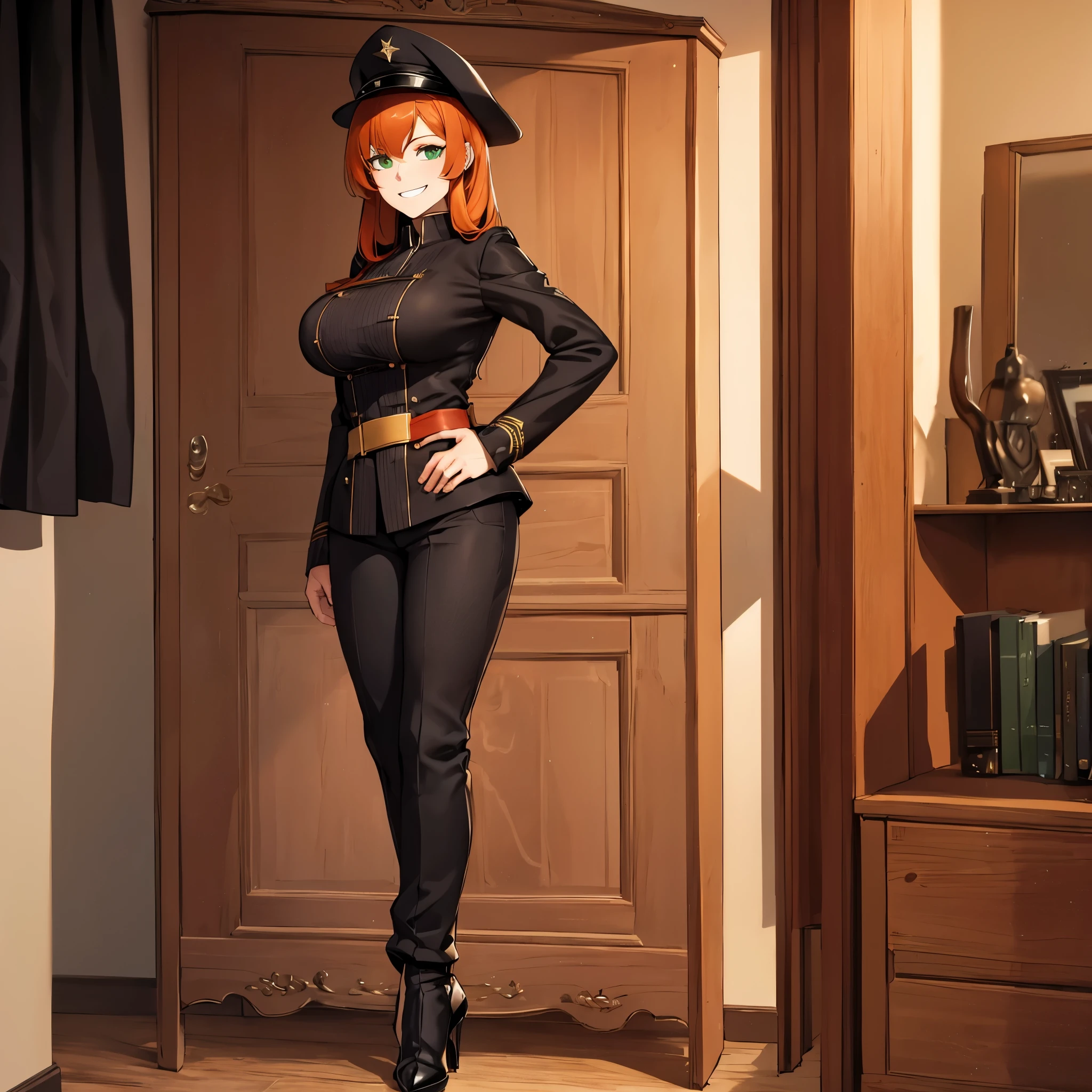 a woman wearing a black military suit, black pants, black heels, orange red hair, green eyes, smiling, big breasts, white military hat with gold details, standing in a military officer's room, full body.HDR, ultra resolution, clear, masterpiece, 8K HD (woman solo)
