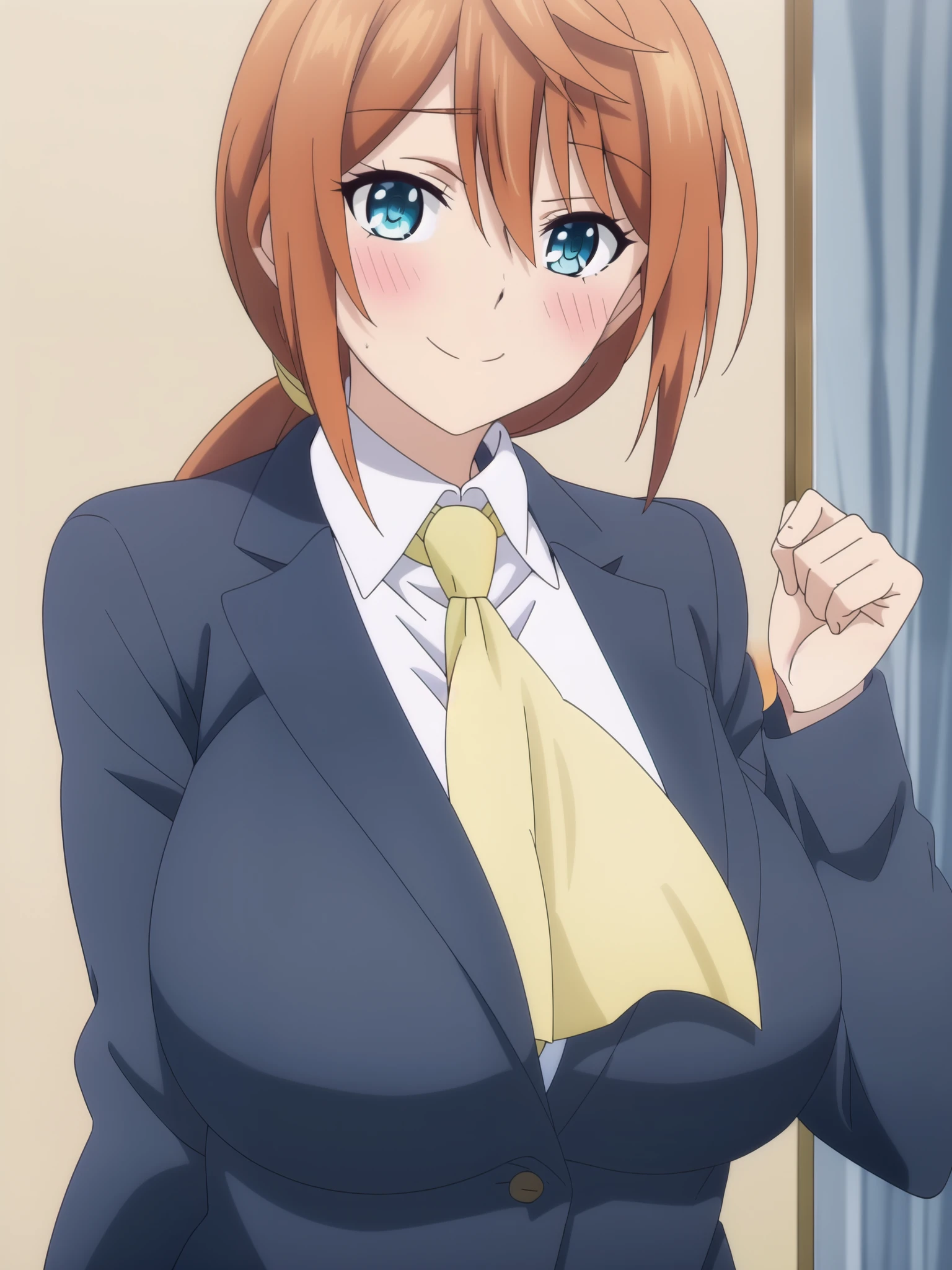 1girl, solo, long hair, looking at viewer, blush, smile, huge breasts, orange hair, blue eyes, shirt, opened jacket, jacket, ponytail, ascot, UPPER BODY, portrait