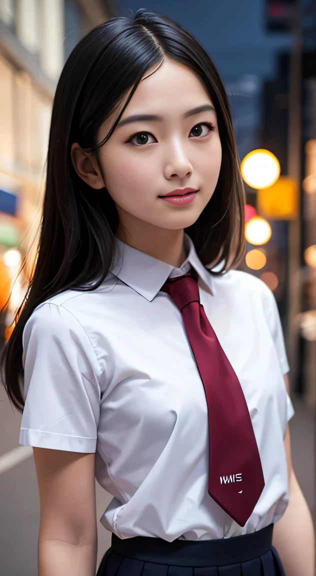 , masterpiece, best quality, 8k, 85mm portrait, absurdres, beautiful girl, (night, upper body:1.5), cute, street, (school uniform, white the abdomen is visible shirt, short sleeve, dark brownish grey pleated mini skirt, dark grey tie:1.2), long hair, slender, neon, (Lianyungang, Akishima, Yeonggwang:0.4), no makeup, (dark red tie:1.2), perspective, depth of field, ultra realistic, highres, photography, sharp focus, HDR, facelight, dynamic lighting, highest detailed, extreme detailed, ultra detailed, finely detail, real skin, delicate facial features, shy smiling, ,