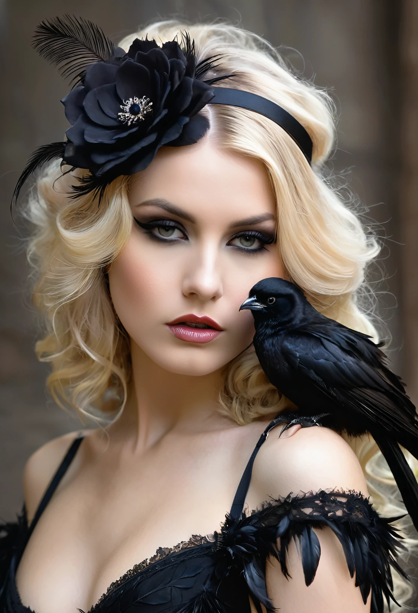 blond woman with black feathers and a flower in her hair, sexy and nude, and a shaved pussy visible,wearing gothic accessories, gothic princess portrait, gothic harts, an elegant gothic princess, dreamy and ethereal and dark, gothic regal, magic and steam - punk inspired, gothic and baroque, inspired by Albert Edelfelt, inspired by Alexandre Cabanel, inspired by Horst Antes, black roses in hair