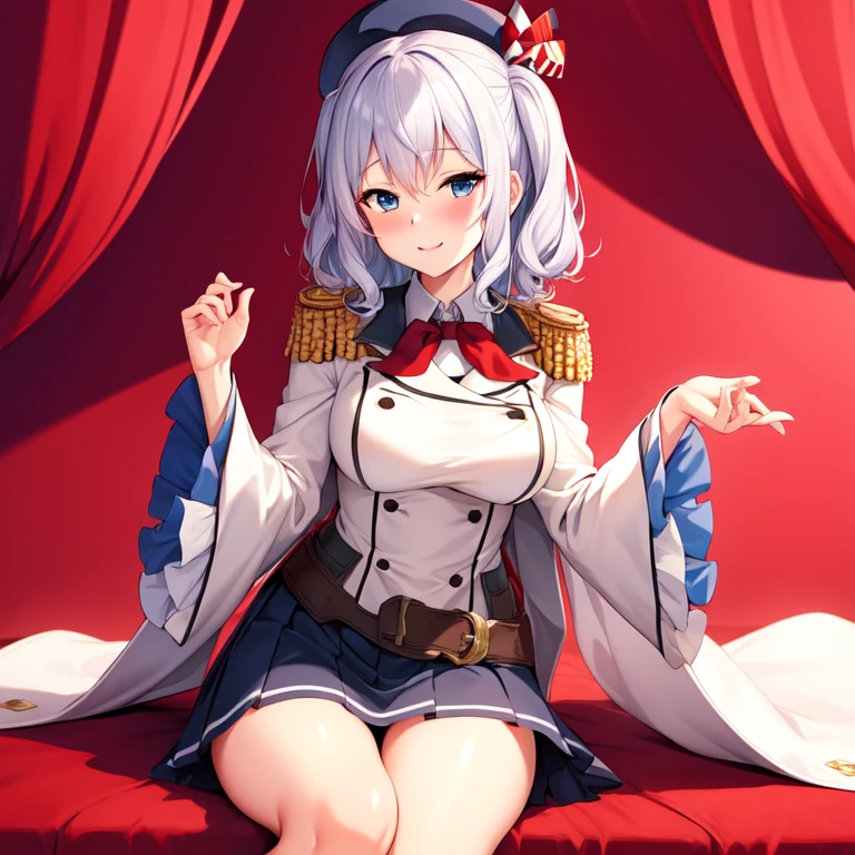 (masterpiece, best quality:1.2),giggle,A hand touched his chest,illustration,8k,HD,1 girl,solitary,portrait,blush,White hair,blue eyes,curls,Double tail,Crane plum,Berets,Epaulettes,Ruffled sleeves,jacket,Large Breasts,Long sleeve,,mini skirt,Pleated Skirt,Red tie,White gloves,anchor,Solid color background