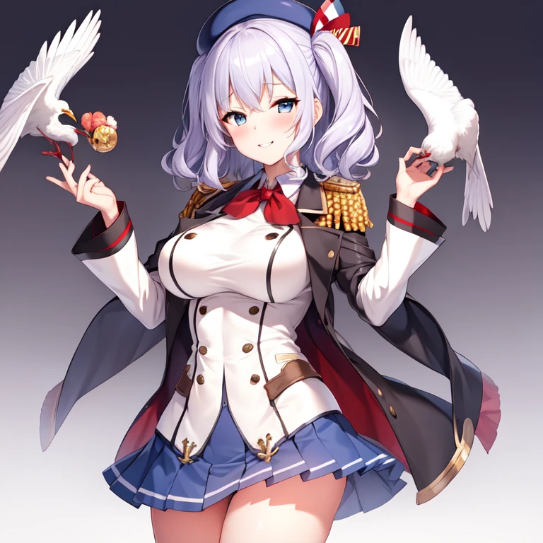 (masterpiece, best quality:1.2),giggle,A hand touched his chest,illustration,8k,HD,1 girl,solitary,portrait,blush,White hair,blue eyes,curls,Double tail,Crane plum,Berets,Epaulettes,Ruffled sleeves,jacket,Large Breasts,Long sleeve,,mini skirt,Pleated Skirt,Red tie,White gloves,anchor,Solid color background