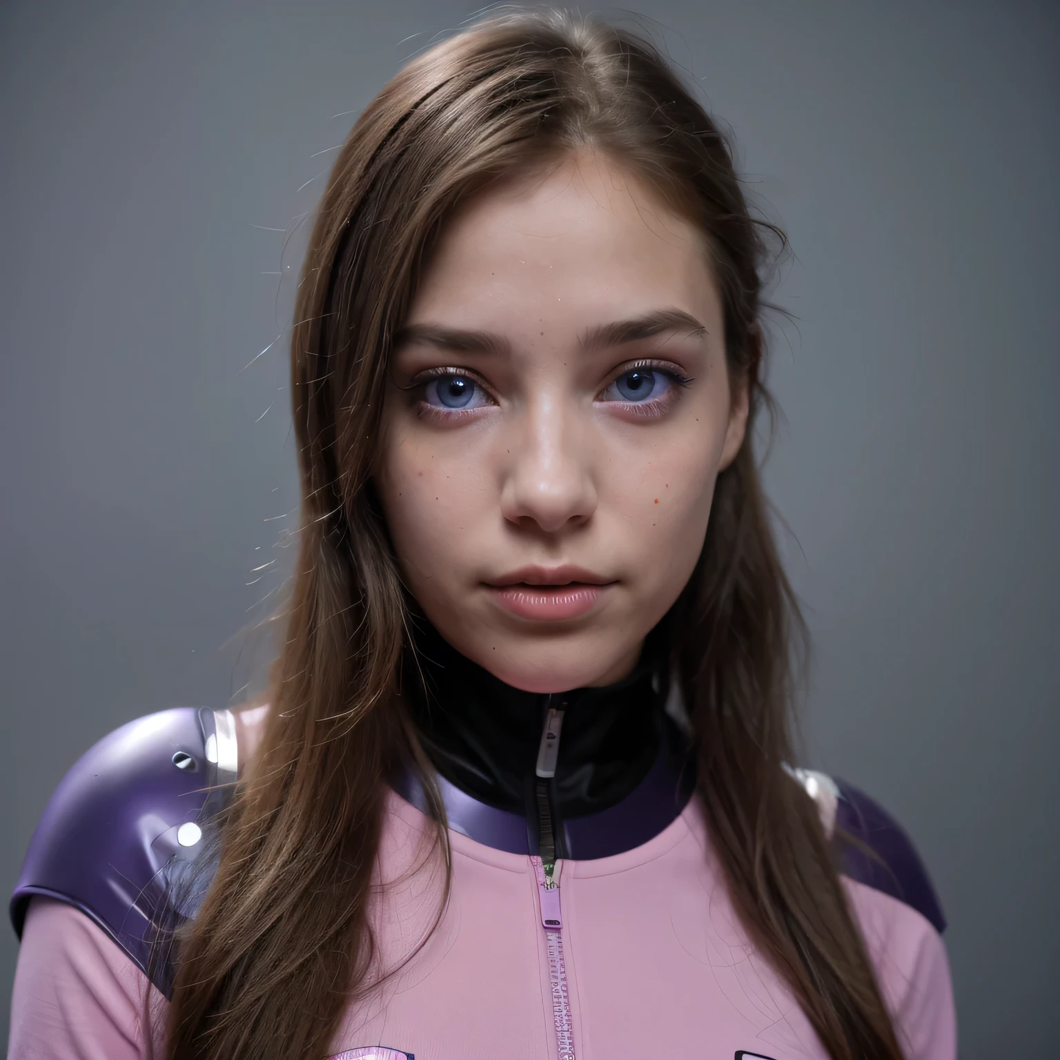 Photo of a college student, Purple Pink, futuristic spacesuit, (freckle:0.8) Cute face, Science Fiction, Dystopia, Delicate eyes, Heterochromia of the Eyes（（Cobalt blue background））