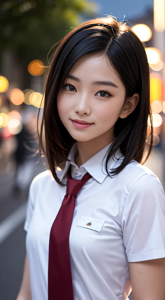 , masterpiece, best quality, 8k, 85mm portrait, absurdres, beautiful girl, (night, upper body:1.5), cute, street, (school uniform, white (the abdomen is visible) shirt, short sleeve, dark brownish grey pleated mini skirt, dark grey tie:1.2), long hair, slender, neon, (Lianyungang, Akishima, Yeonggwang:0.4), no makeup, (dark red tie:1.2), perspective, depth of field, ultra realistic, highres, photography, sharp focus, HDR, facelight, dynamic lighting, highest detailed, extreme detailed, ultra detailed, finely detail, real skin, delicate facial features, shy smiling, ,