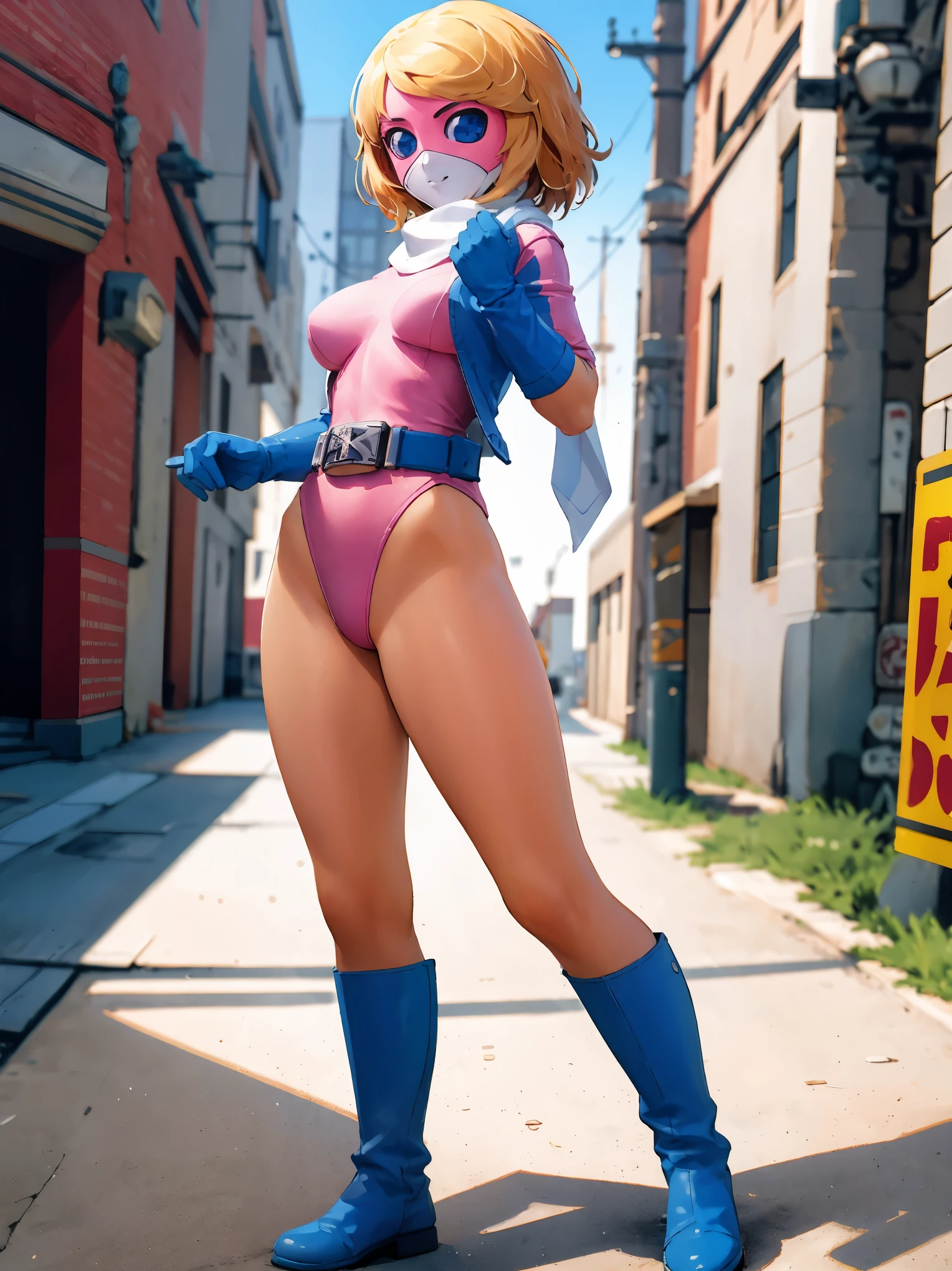 (((whole body、fullbody)))(((Haigure pose、Spread your legs)))(((Wedgie Leotard、protruding dark pubic hair)))street(background):1.6, One girl:1.5, masterpiece, Highest quality, The finest details, Optimal ratio, Best Anatomy, Best Face, Chest of the best shape, (Realistic:1.37, Genuine), High-definition CG integrated 8K wallpaper, Digital SLR, Soft lighting, Miss America, Battle Fever J, Power Ranger, Blonde Hair, short hair, mask, masked, Pink leotard, Blue gloves, Blue Boots, belt, White scarf, Are standing,(((NSFW、Naughty pictures)))