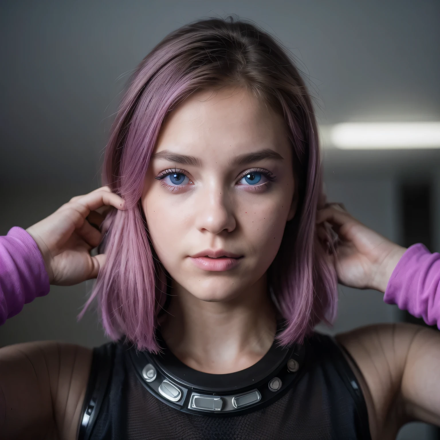 Photo of a college student, Purple Pink, futuristic spacesuit, (freckle:0.8) Cute face, Science Fiction, Dystopia, Delicate eyes, Heterochromia of the Eyes((Cobalt blue background))
