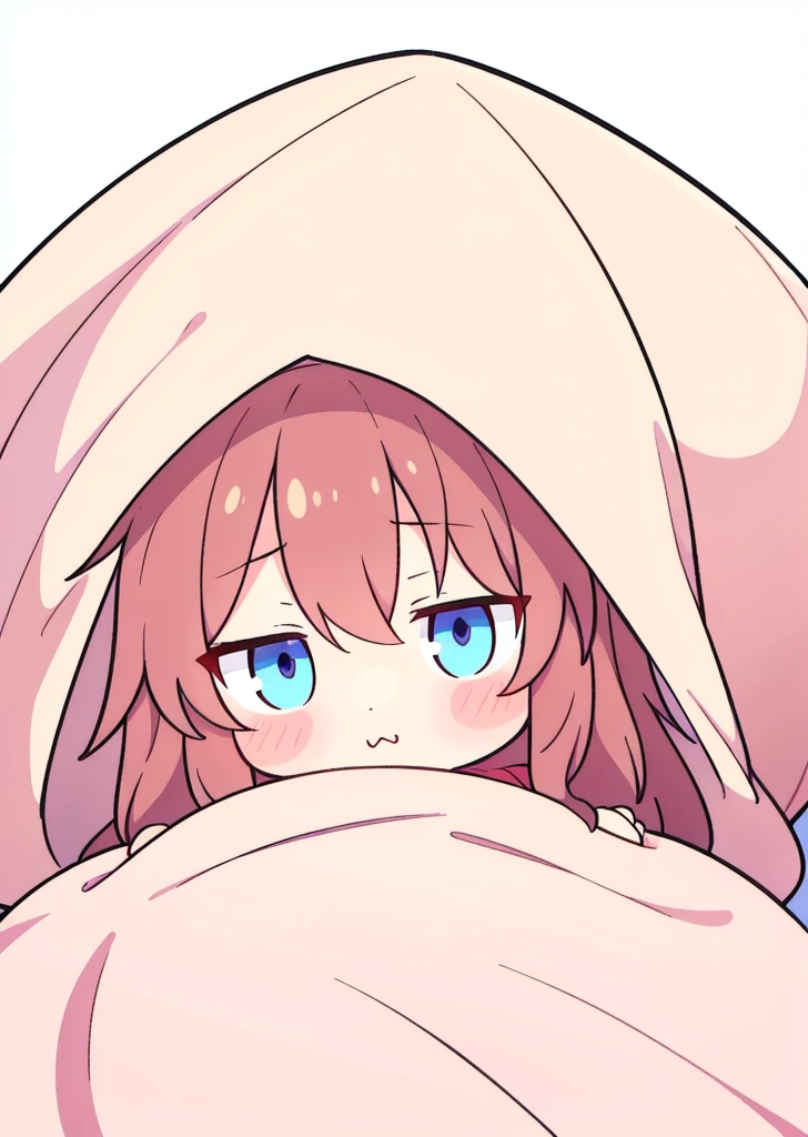 a chibi emoji of an shy anime girl with reddish brown long hair fishtail style, blue eyes,sharp jawline, shy , hiding under the covers , in bed , wrapped up in a blanket 