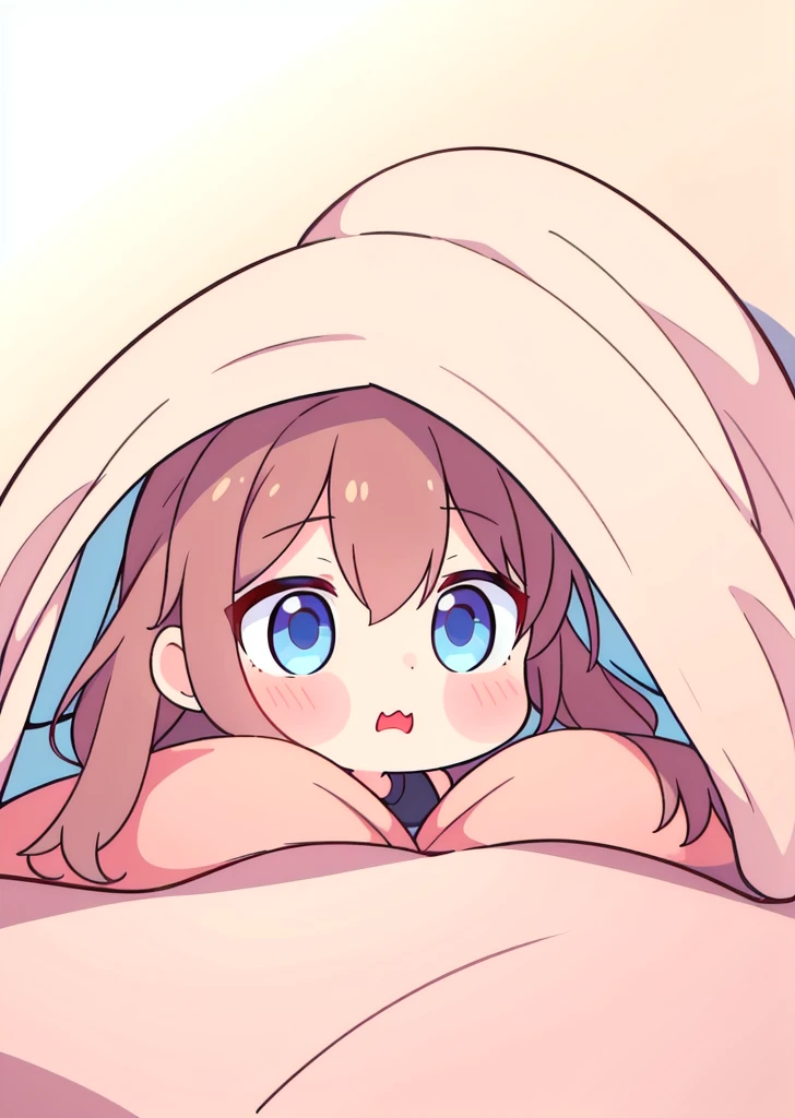 a chibi emoji of an shy anime girl with reddish brown long hair fishtail style, blue eyes,sharp jawline, shy , hiding under the covers , in bed , wrapped up in a blanket
