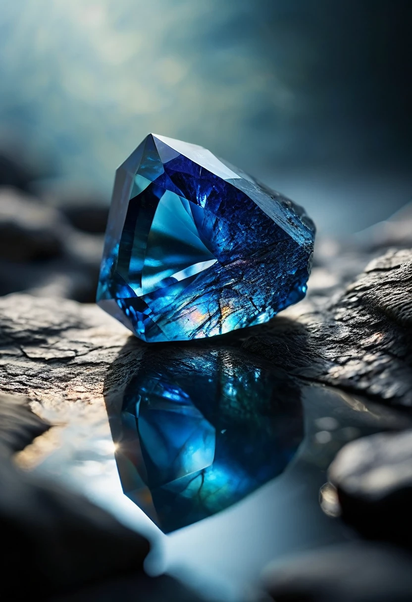 ((extremally close shoot)) (macro shoot),  Basilisk Scale Sapphire: A deep blue gemstone with an iridescent quality, believed to be a petrified scale of a basilisk. BREAK,  realistic, ((photorealistic)), extremely detailed, glass reflection, dark shadows, hard light hard shadows, shallow depth of field,highly detailed, high budget Hollywood film,  ,  ((darkfull )) , detailed, focus on material