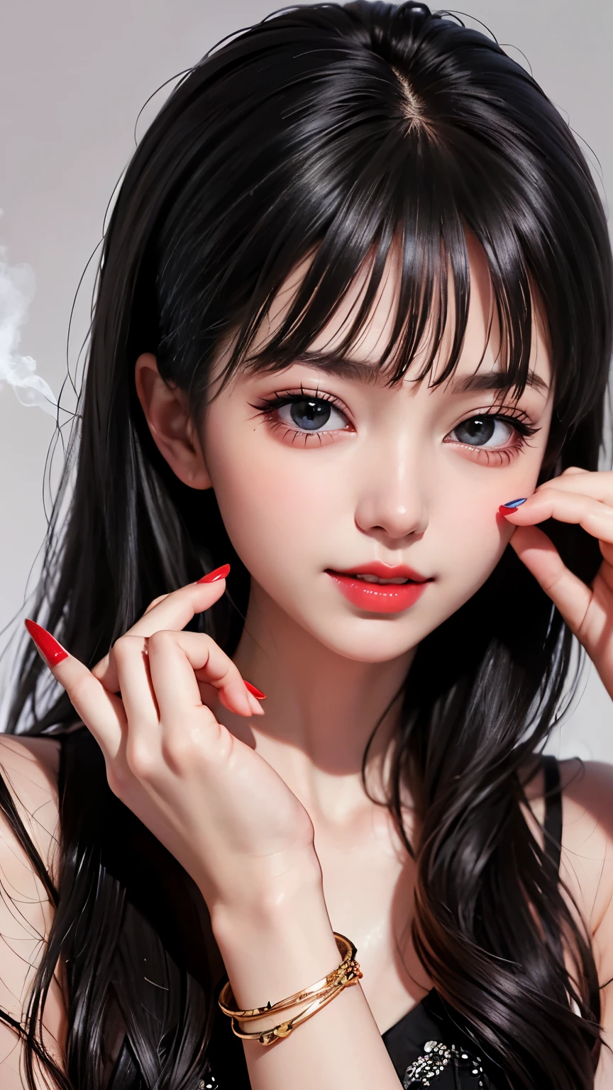 One Girl, alone, Long Hair, View your audience, smile, jewelry, Black Hair、 Mouth closed, Blunt bangs, Manicure, bracelet, lips, Grey Eyes, Portraiture, Red nails, close, red lips, Put your hands on your face, Put your hand on your cheek,(Mature Woman),(Shiny skin),((Steaming body))