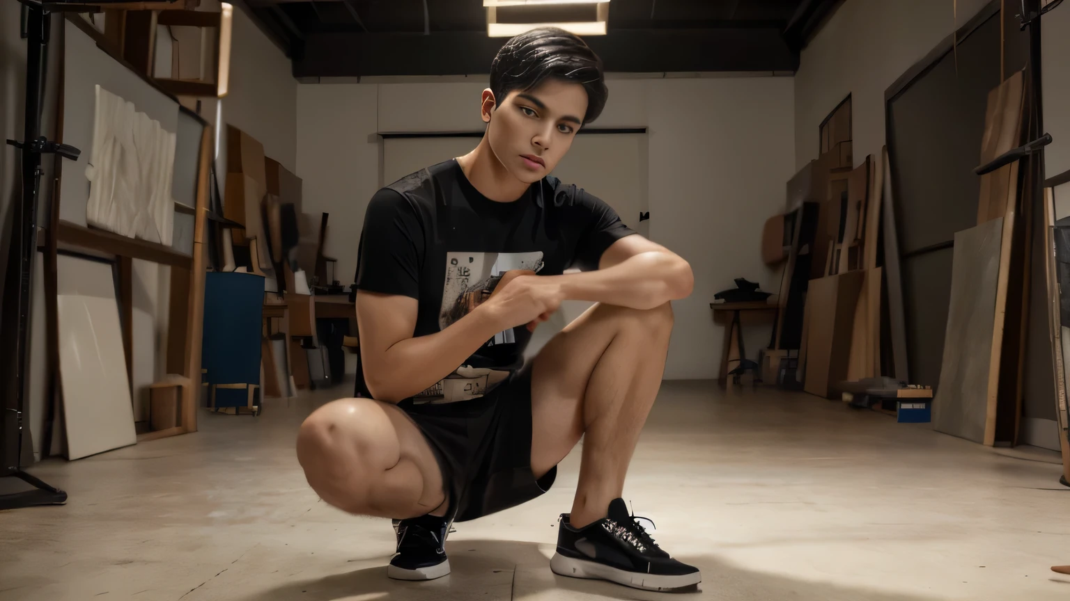 ((best quality)), ((masterpiece)), (detailed), masterpiece, best quality, solo, 1boy, short hair, shirt, realistic, male focus, black hair, black eyes, Full body, Black shoe, lips, studio