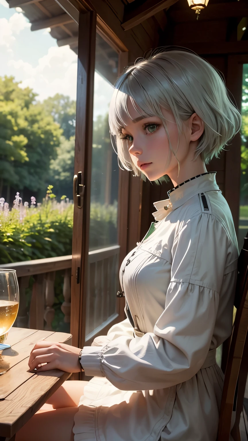 masterpiece, highest quality,Very detailed,Hyper Details, cinematic Light,, One girl, alone, sit, Outdoor, Summer House, sitting in the Summer House, plant, table, chandelier, Candles, Wind, Green Eyes, Pan Green Silver Hair, short hair, Floating Hair, Light, Light frown, profile,View your viewers, dynamic_angle,The happi coat is open