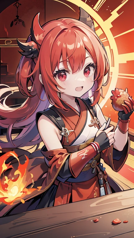 (best quality, vibrant colors:1.2), red bobblehead, vibrant red eyes, red and black Hanfu armor, red gauntlets, chicken, volcano