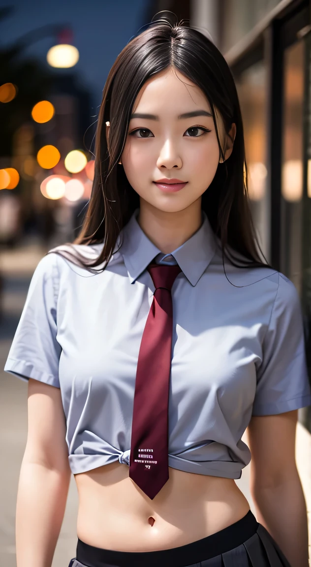 , masterpiece, best quality, 8k, 85mm portrait, absurdres, beautiful girl, (night, upper body:1.5), cute, street, (school uniform, white (the abdomen is visible:1.2) shirt, short sleeve, dark brownish grey pleated (:1.2), dark grey tie:1.2), long hair, slender, neon, (Lianyungang, Akishima, Yeonggwang:0.4), no makeup, (dark red tie:1.2), perspective, depth of field, ultra realistic, highres, photography, sharp focus, HDR, facelight, dynamic lighting, highest detailed, extreme detailed, ultra detailed, finely detail, real skin, delicate  features, shy smiling, ,